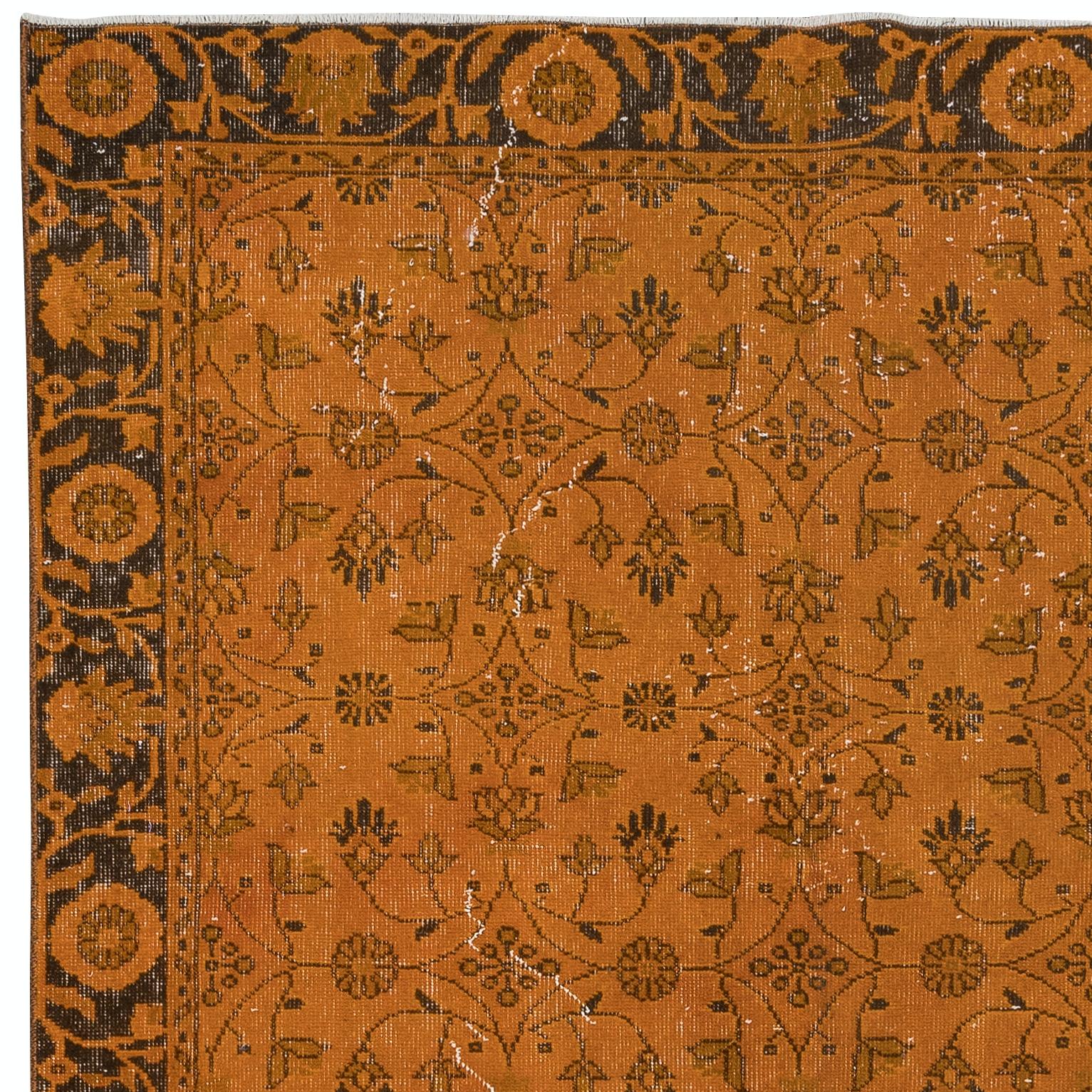 Turco Tappeto arancione in lana turca fatto a mano 5,6x9,3 piedi con design botanico all-over in vendita