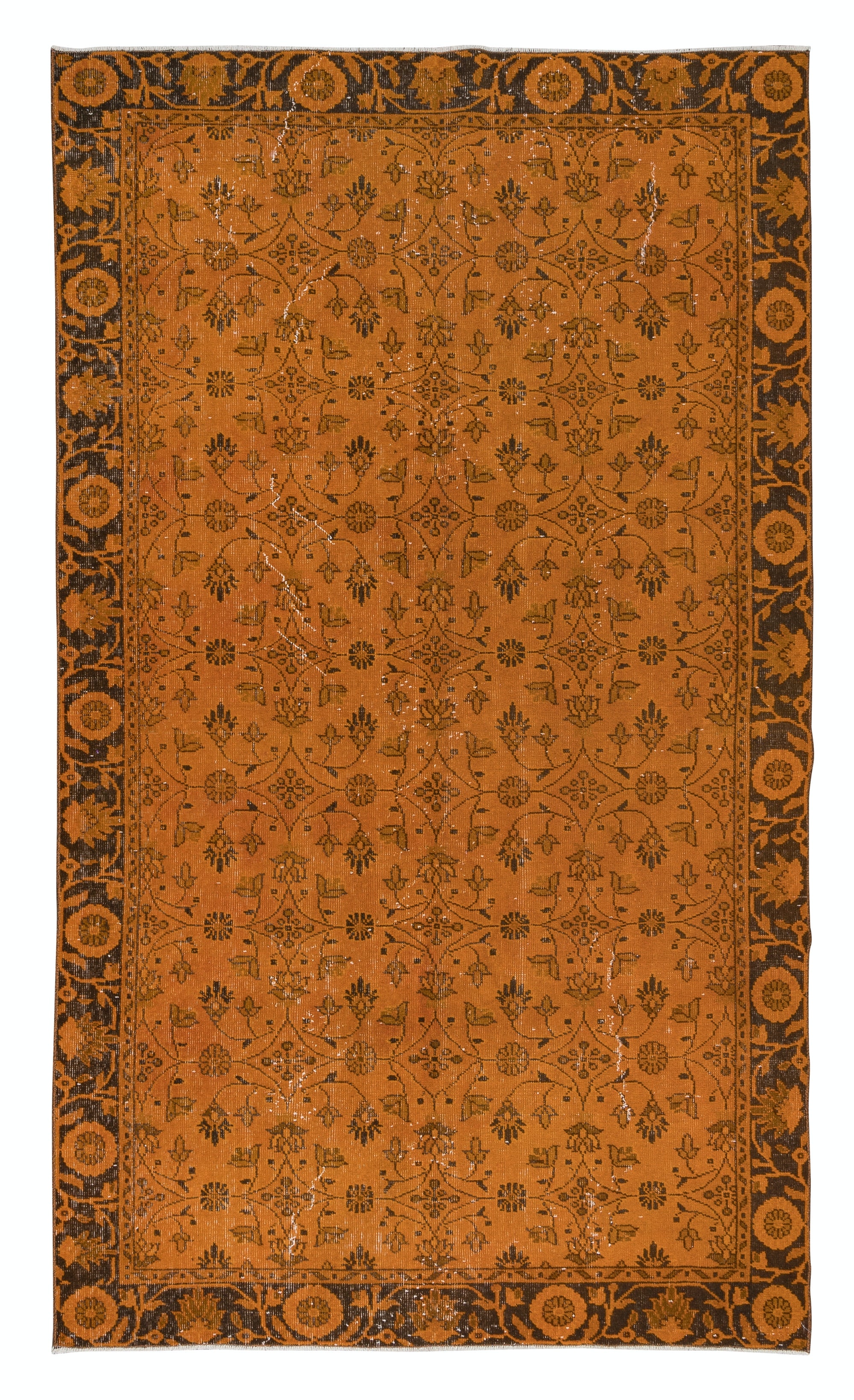 5.6x9.3 Ft Orange Handmade Turkish Wool Area Rug with All-Over Botanical Design
