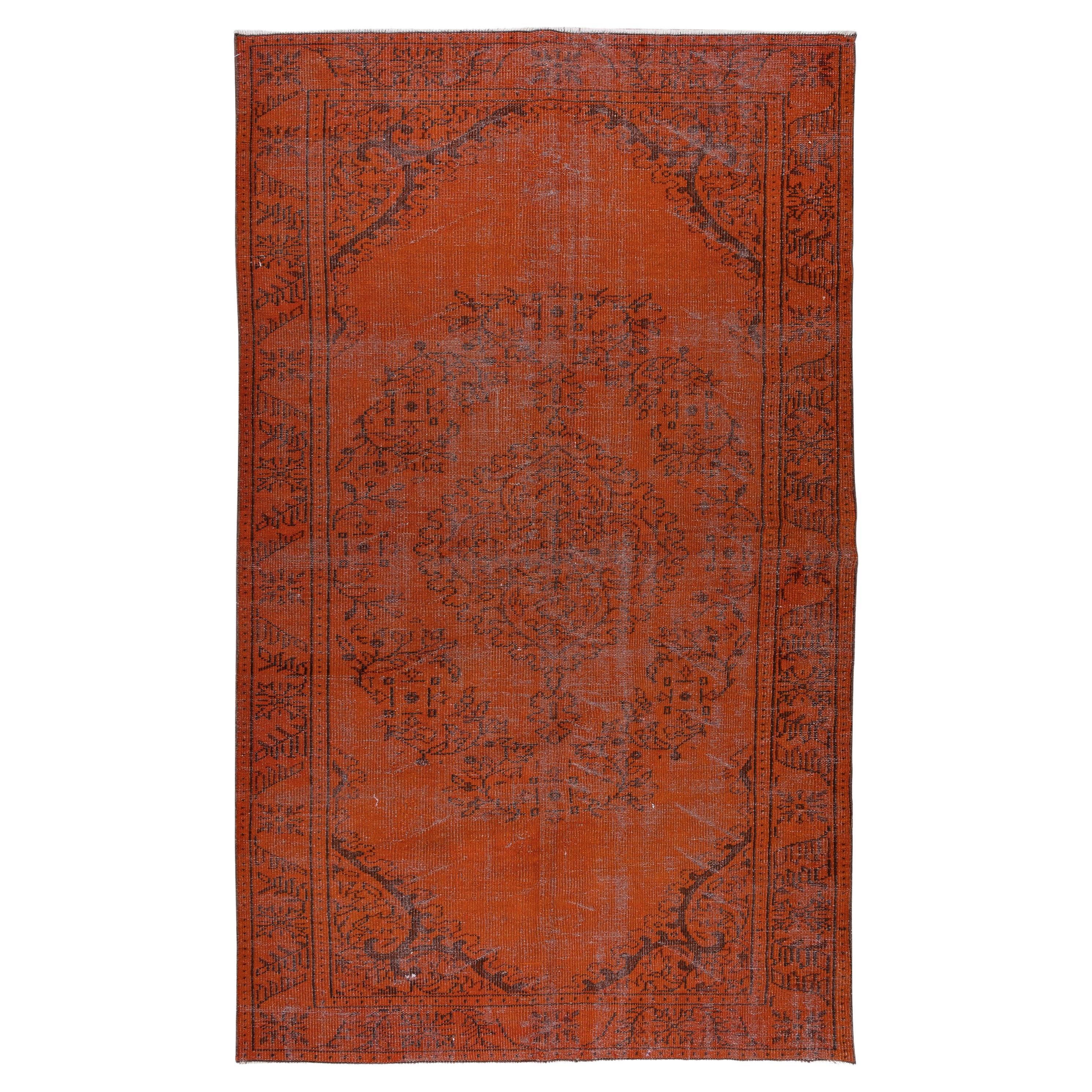 5.6x9.3 Ft Vintage Handmade Anatolian Medallion Pattern Wool Area Rug in Orange For Sale