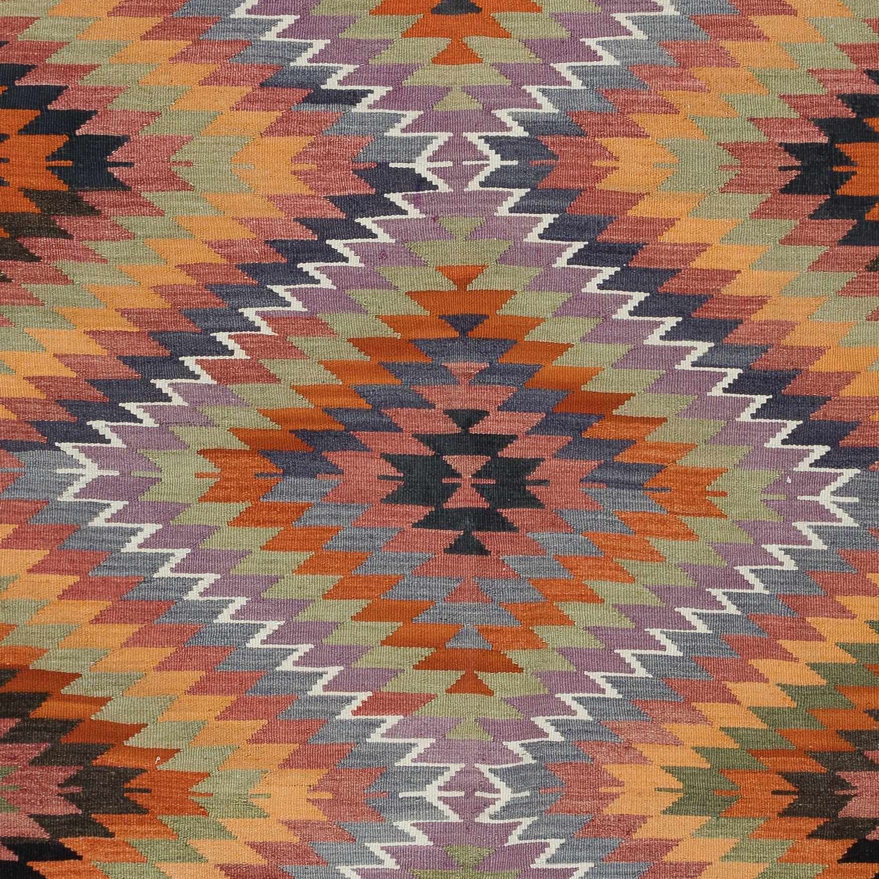 5.6x9.4 Ft Colorful Flat-Weave Turkish Wool Kilim, Vintage Diamond Design Rug In Good Condition For Sale In Philadelphia, PA