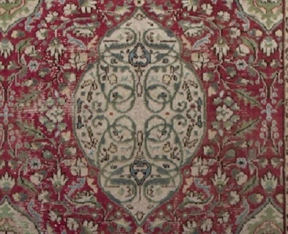 Hand-Knotted 5.6x9.4 Ft Vintage Handmade Wool Turkish Rug in Burgundy & Green For Sale
