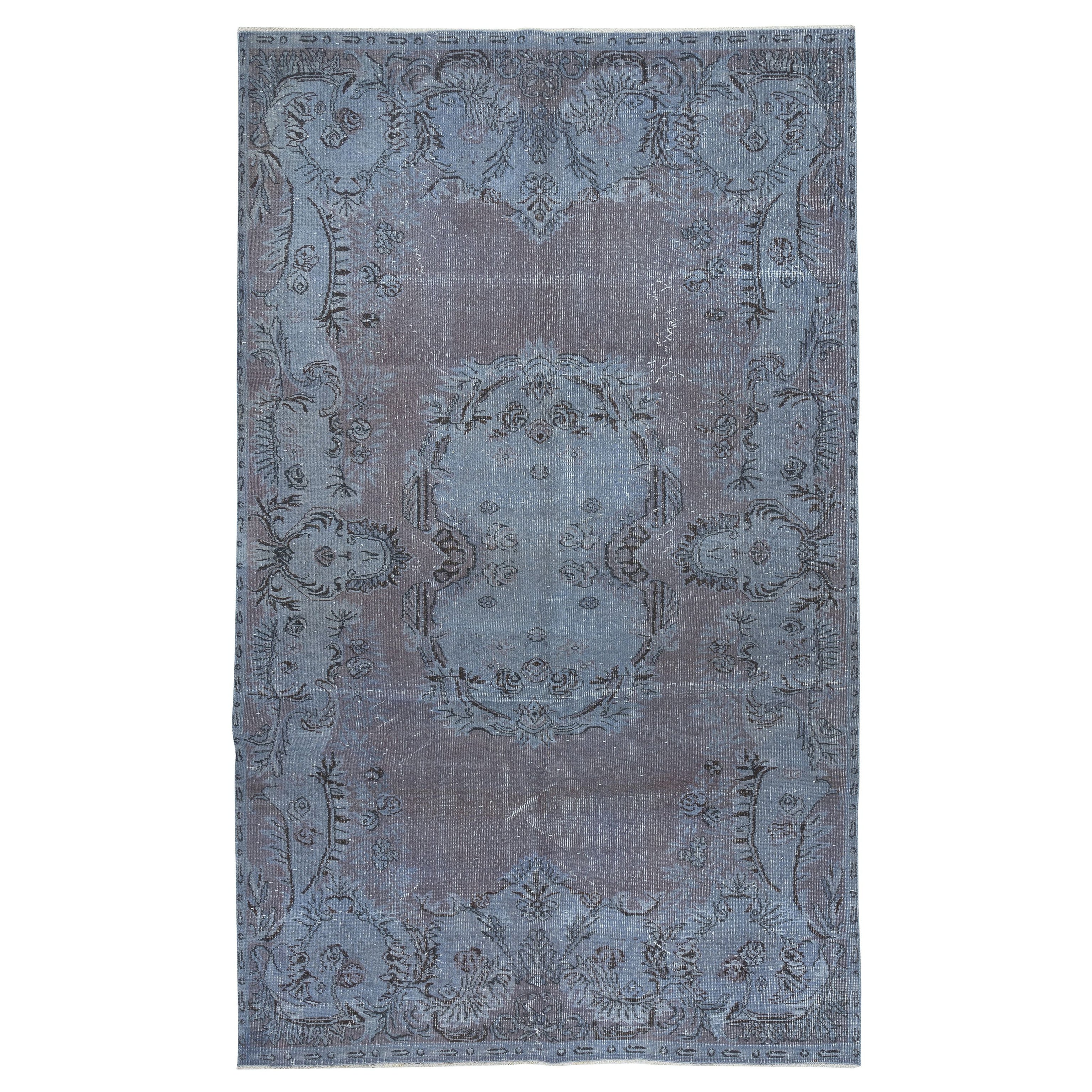 Tappeto vintage turco 5.6x9.4 Ft tinto in blu per interni moderni