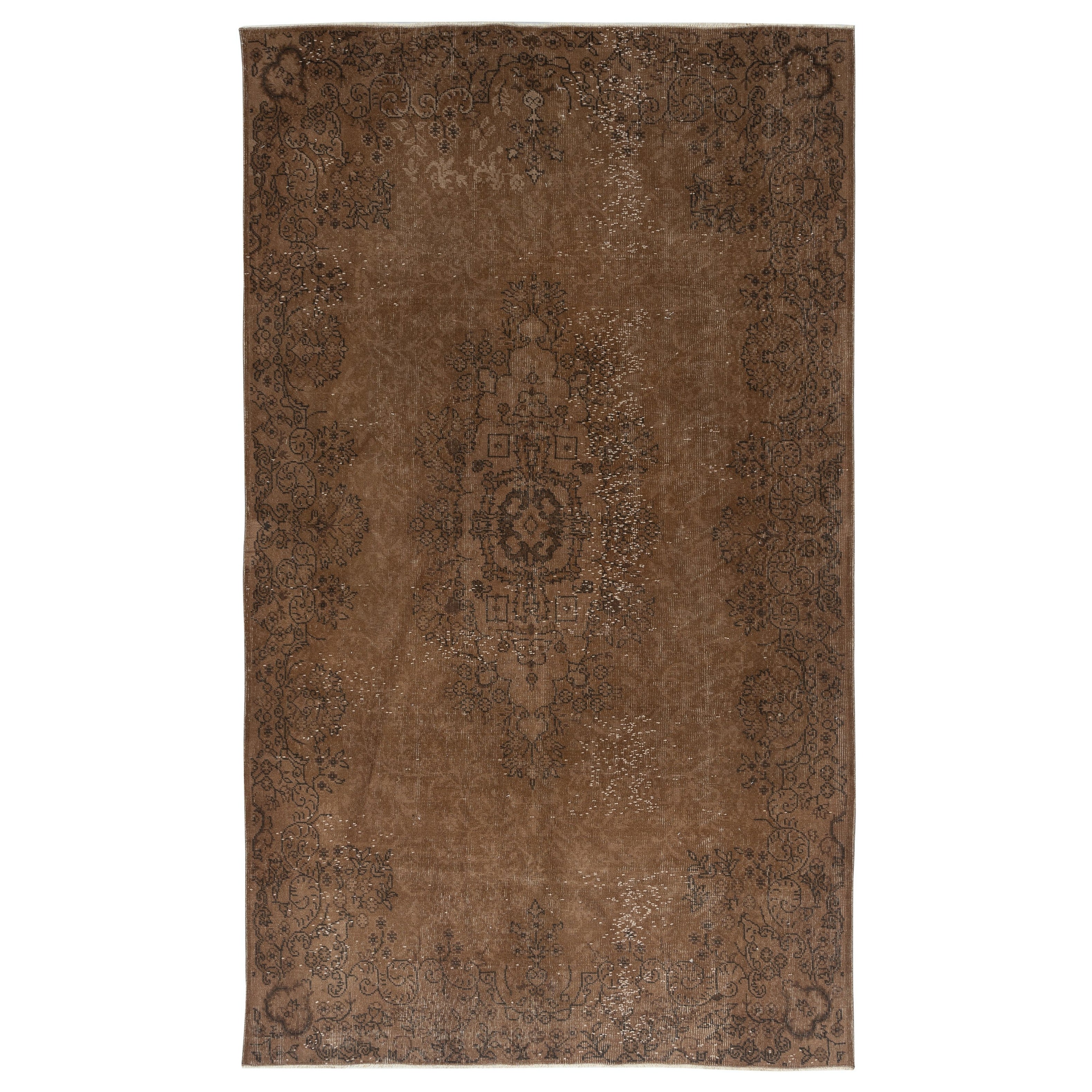 5.6x9.5 Ft Handgefertigter Türkischer Vorleger. Brauner überfärbter Vintage-Teppich für modernes Zuhause