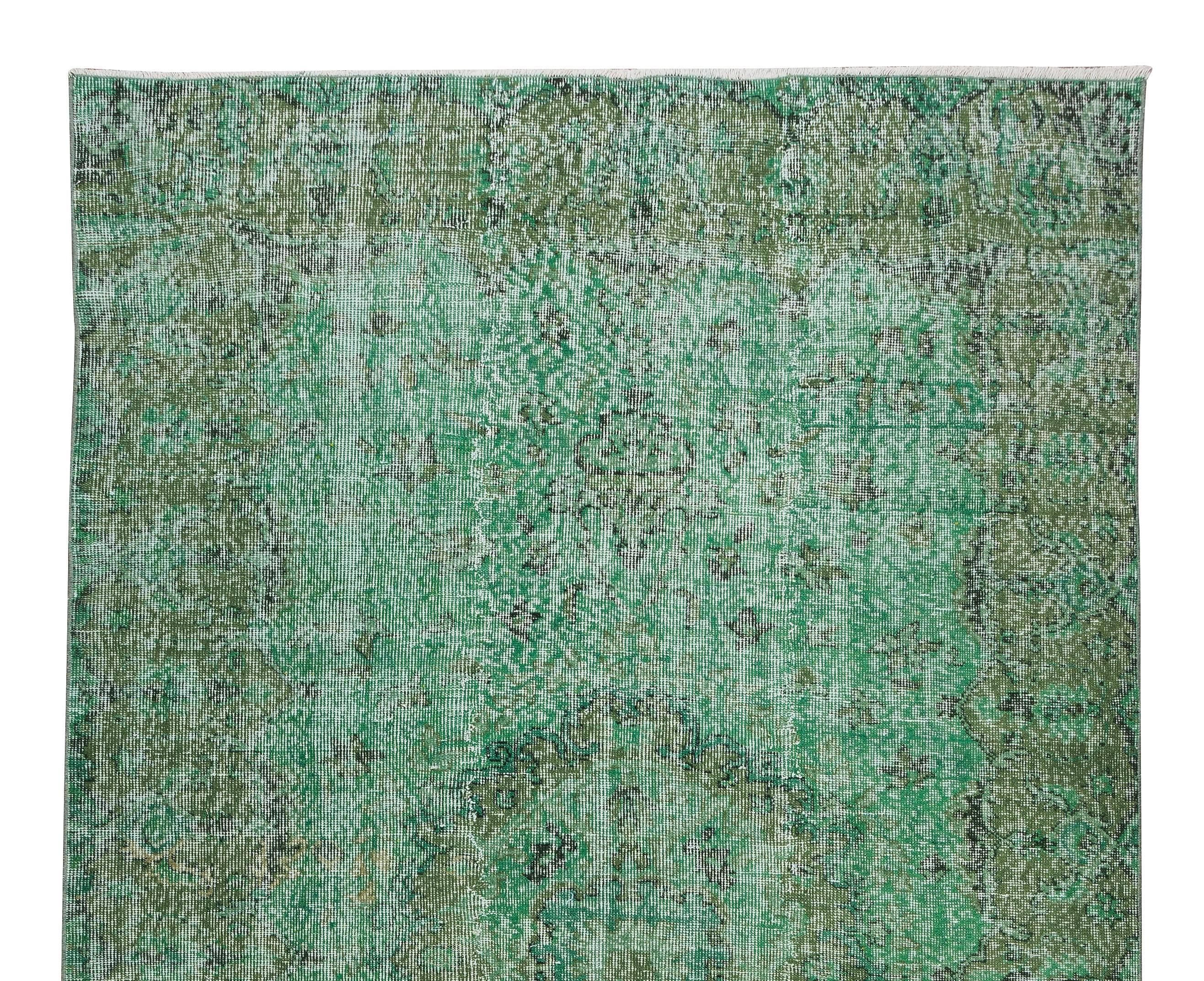 5.6x9.5 Ft Handmade Vintage Turkish Rug Over-Dyed in Green for Modern Interiors In Good Condition For Sale In Philadelphia, PA