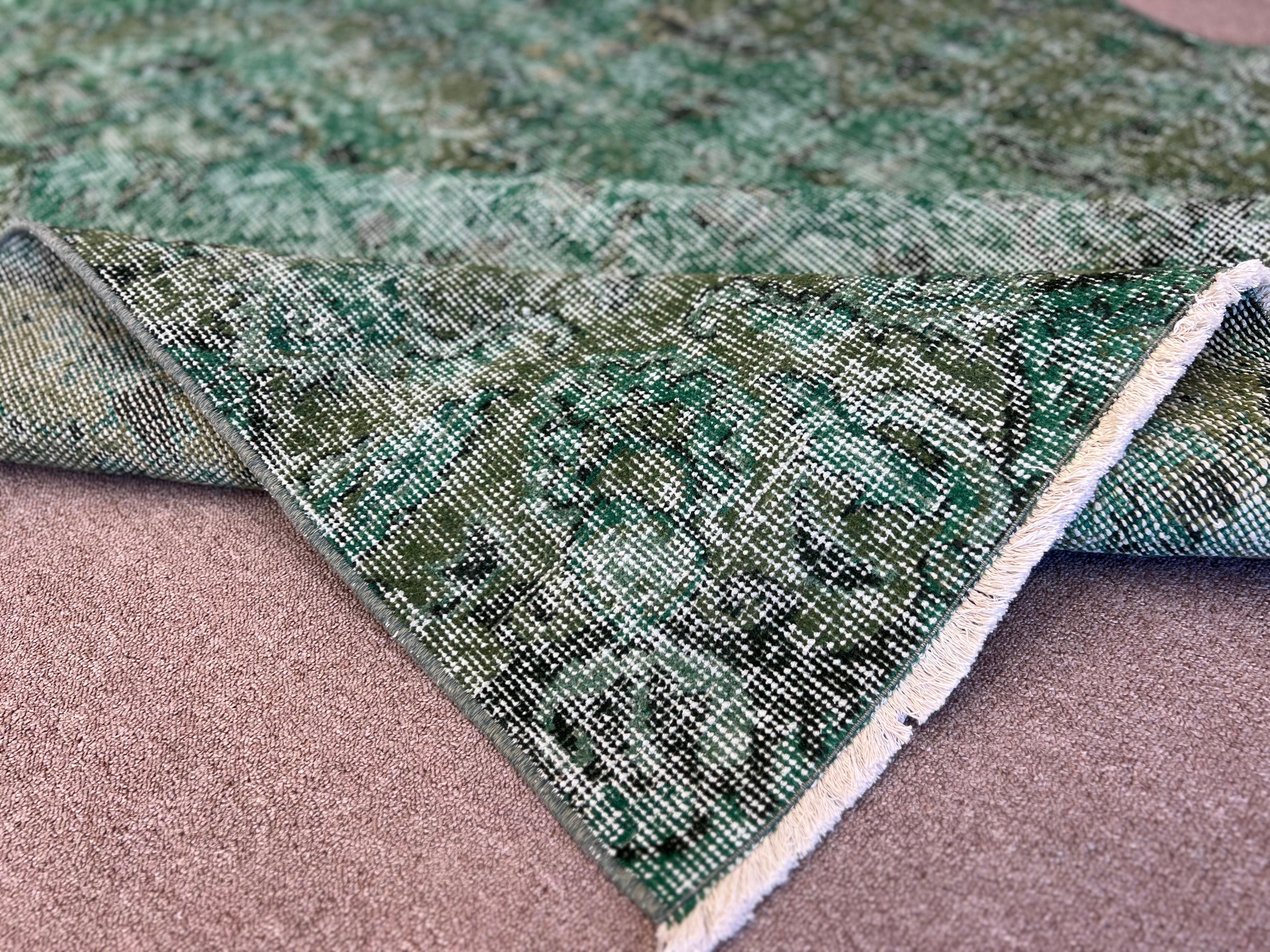 Wool 5.6x9.5 Ft Handmade Vintage Turkish Rug Over-Dyed in Green for Modern Interiors For Sale