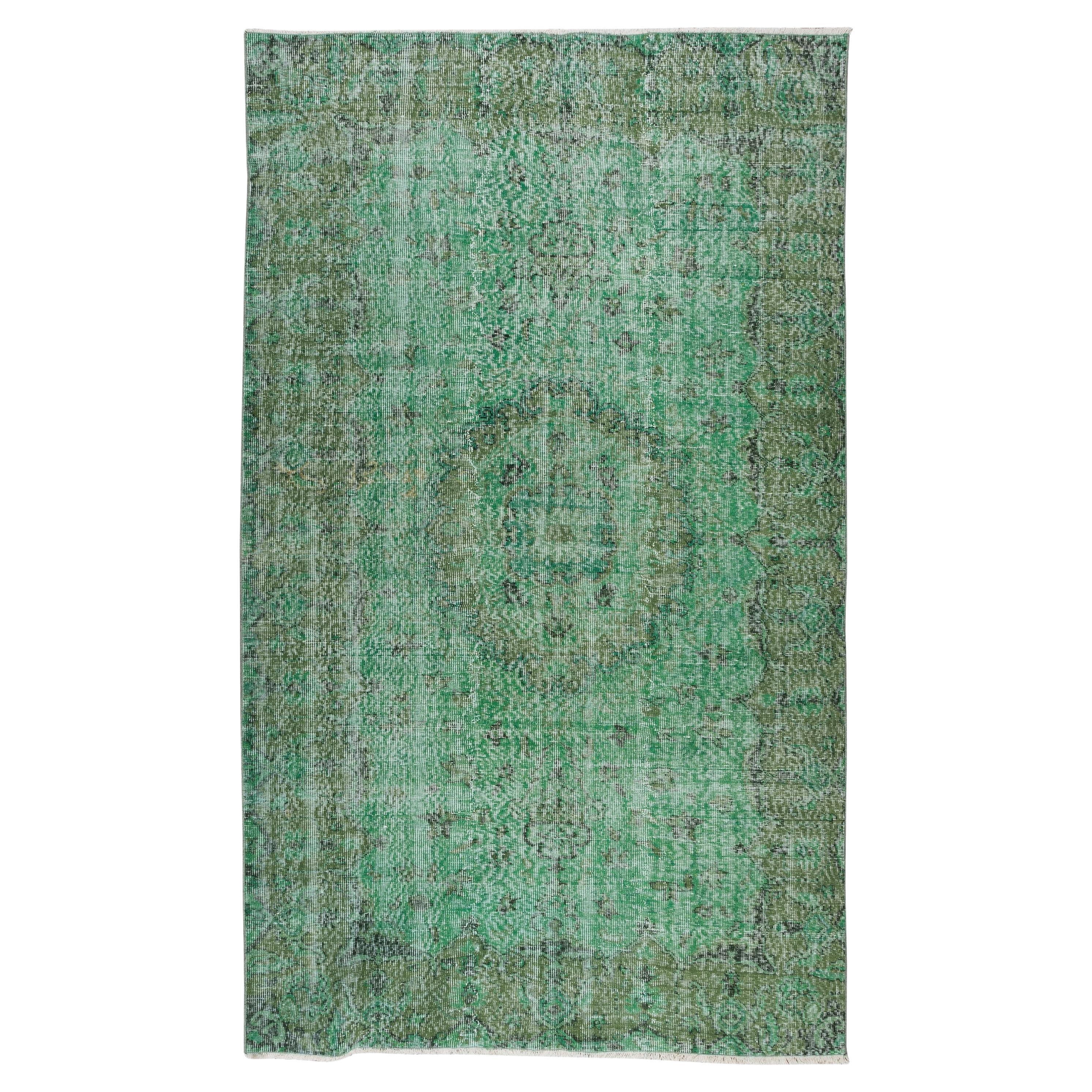 5.6x9.5 Ft Handmade Vintage Turkish Rug Over-Dyed in Green for Modern Interiors For Sale