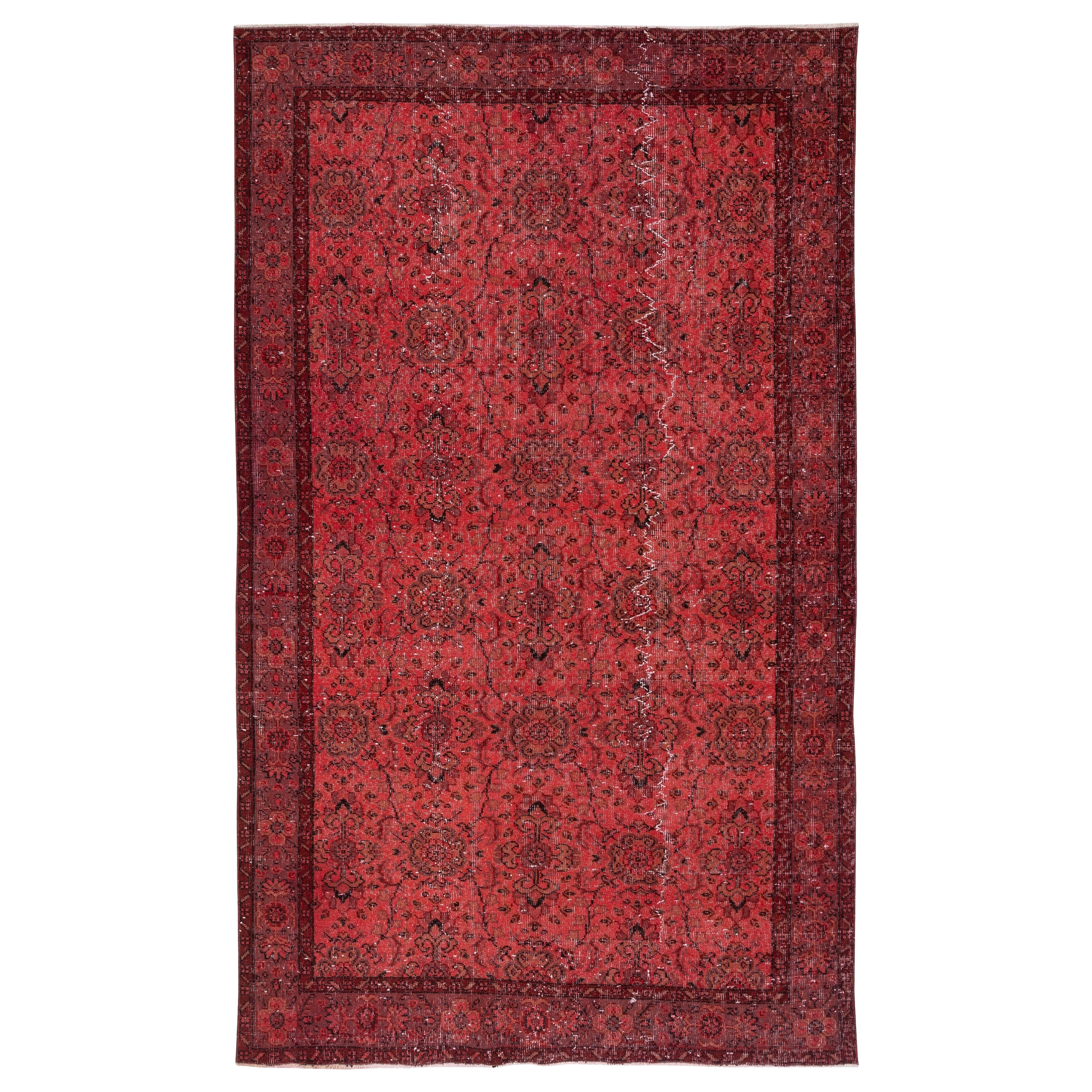 5.6x9.5 Ft Red Overdyed Wool Rug. Vintage Turkish Handmade Area Rug for Bedroom