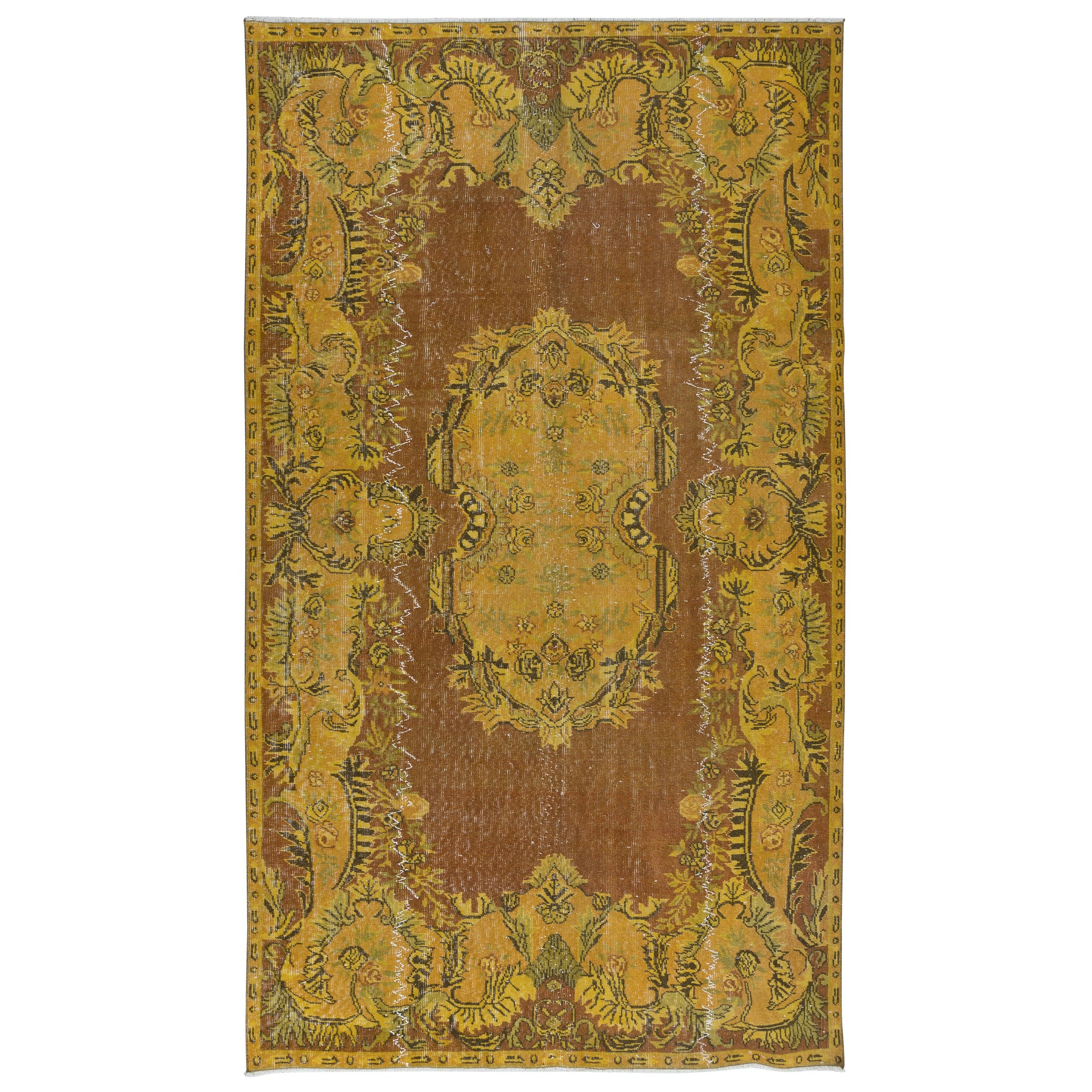 Tappeto turco fatto a mano 5.6x9.5 Ft, giallo ruggine e ambra per ambienti contemporanei in vendita