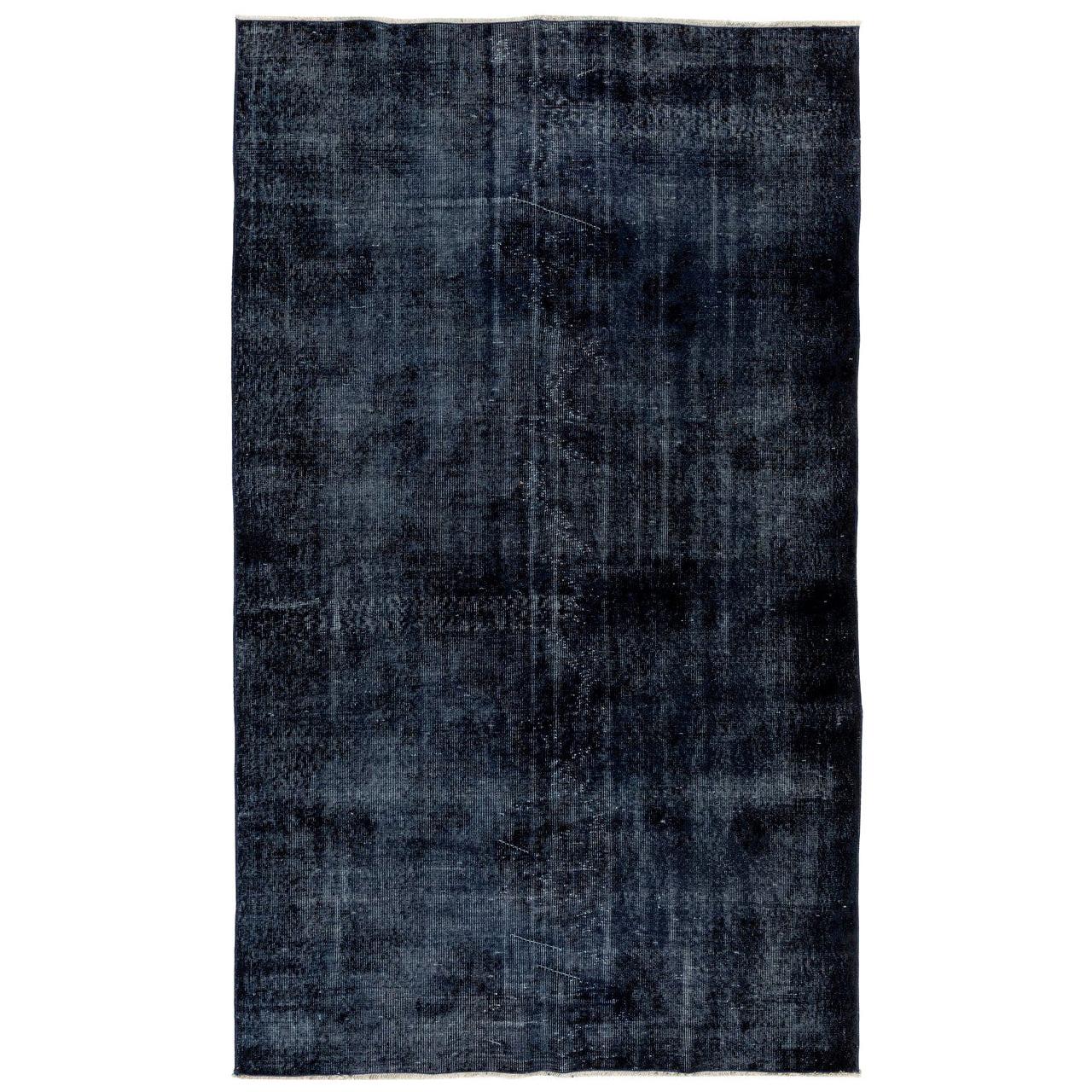 5.6x9.6 ft Vintage Handmade Wool Rug in Plain Navy Blue for Modern Interiors