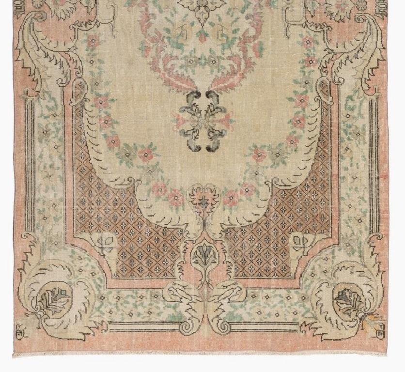 Hand-Knotted 5.6x9.7 Ft Aubusson Inspired Vintage Handmade Turkish Rug in Peach & Pale Yellow For Sale