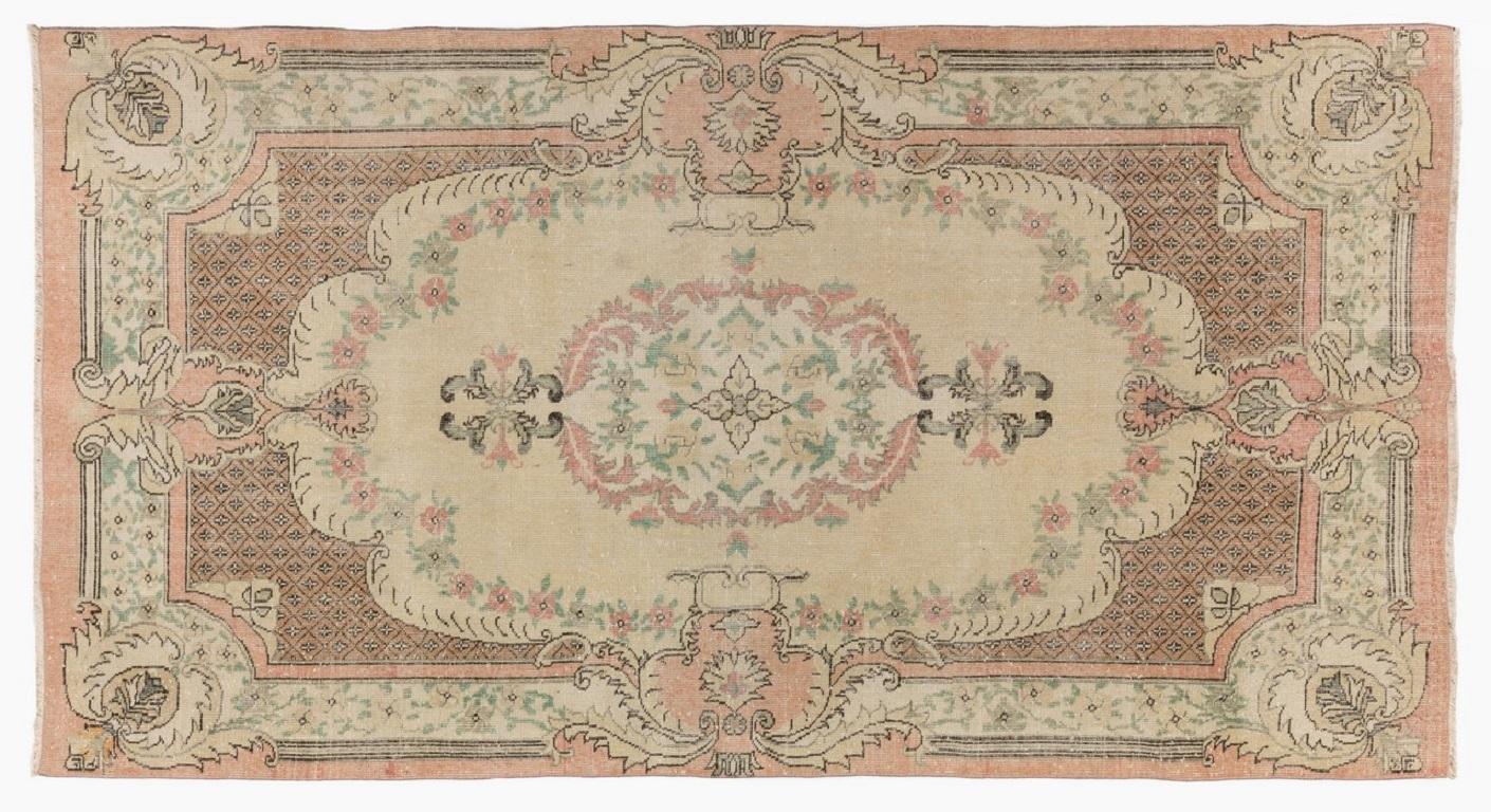 5.6x9.7 Ft Aubusson Inspired Vintage Handmade Turkish Rug in Peach & Pale Yellow In Good Condition For Sale In Philadelphia, PA