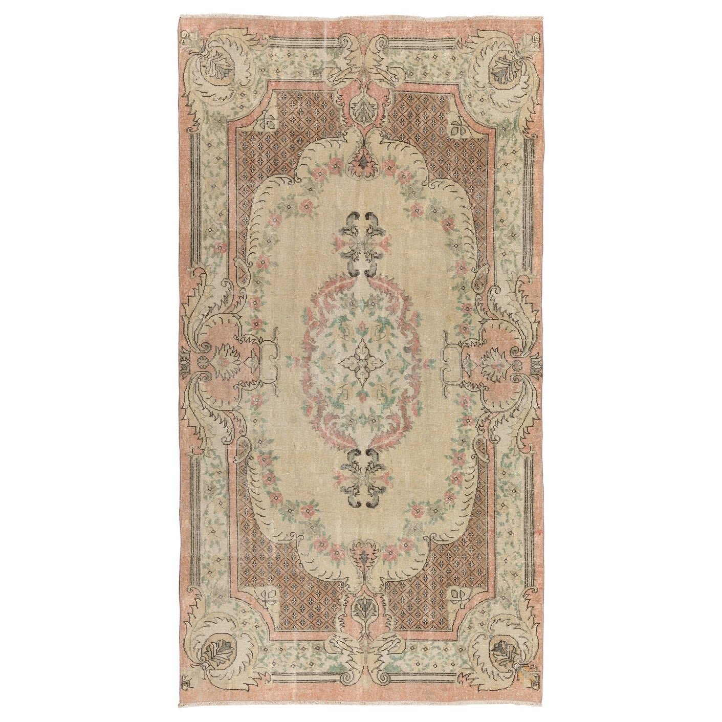5.6x9.7 Ft Aubusson inspirierter türkischer Vintage-Teppich in Pfirsich & Blassgelb im Angebot