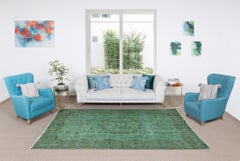 5.6x9.8 Ft Handmade Vintage Turkish Rug Over-Dyed in Green for Modern Interiors
