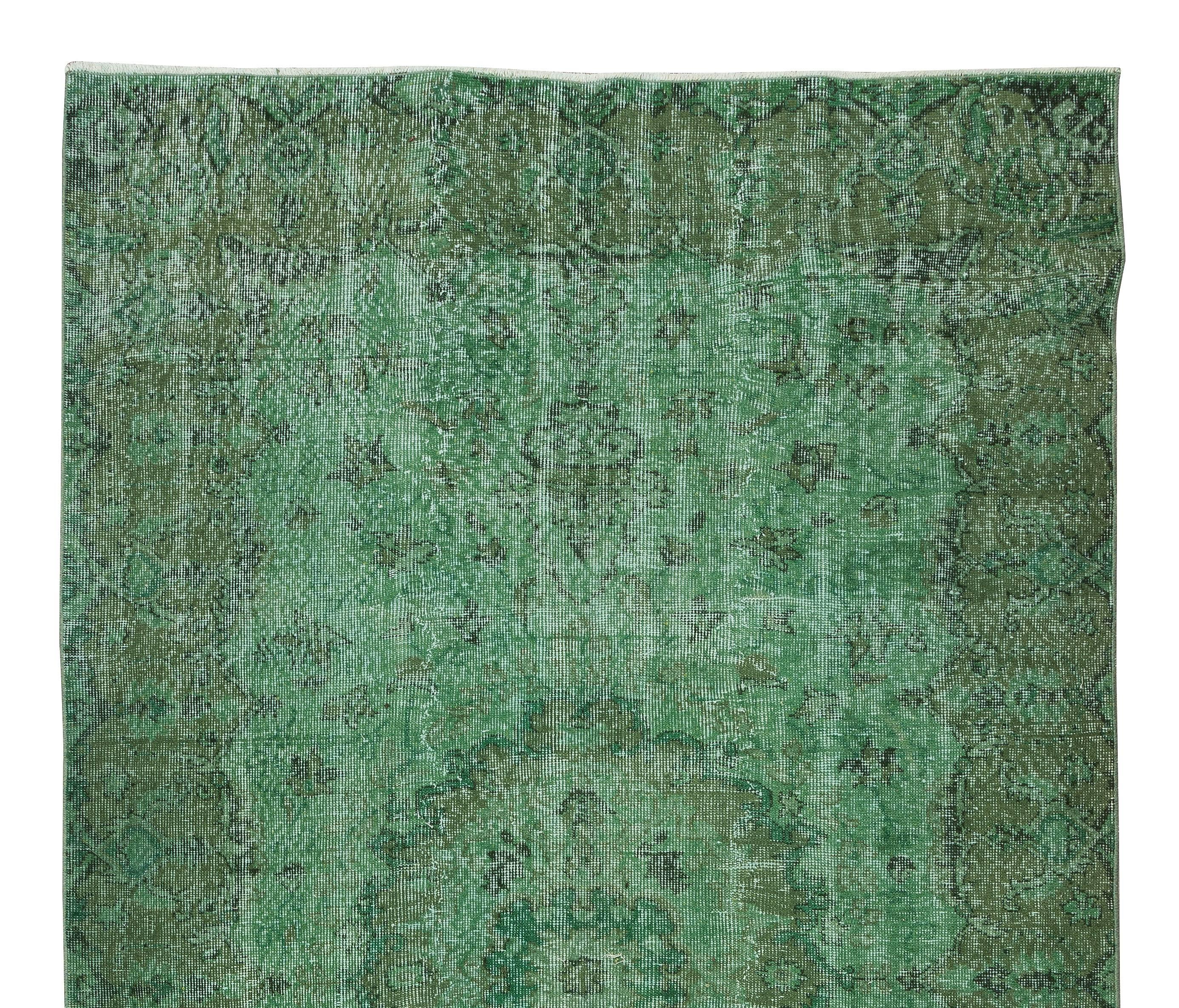 5.6x9.8 Ft Handmade Vintage Turkish Rug Over-Dyed in Green for Modern Interiors In Good Condition For Sale In Philadelphia, PA
