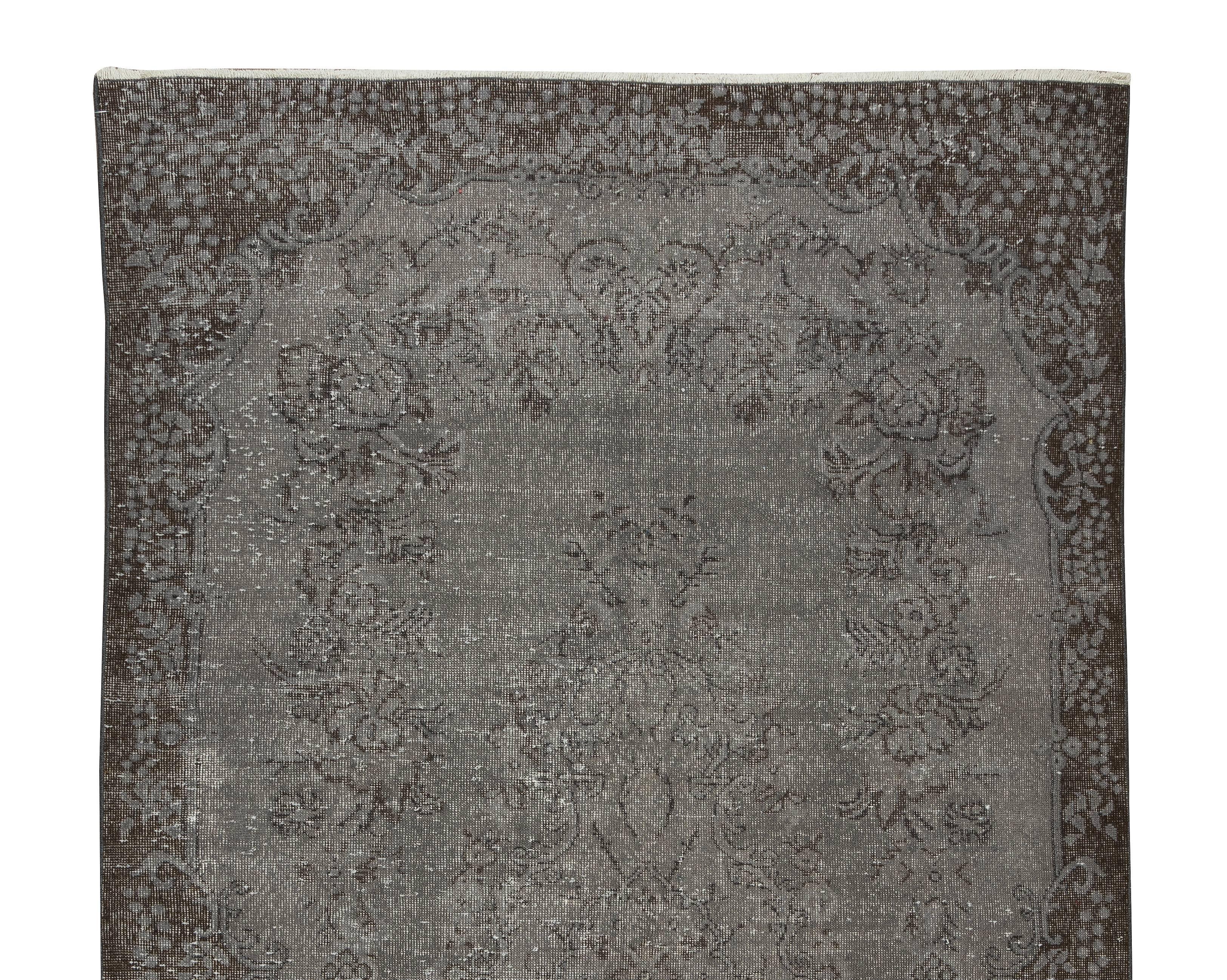 Hand-Knotted 5.6x9.8 Ft Vintage Rug Over-Dyed in Gray for Modern Interior, Handmade in Turkey For Sale