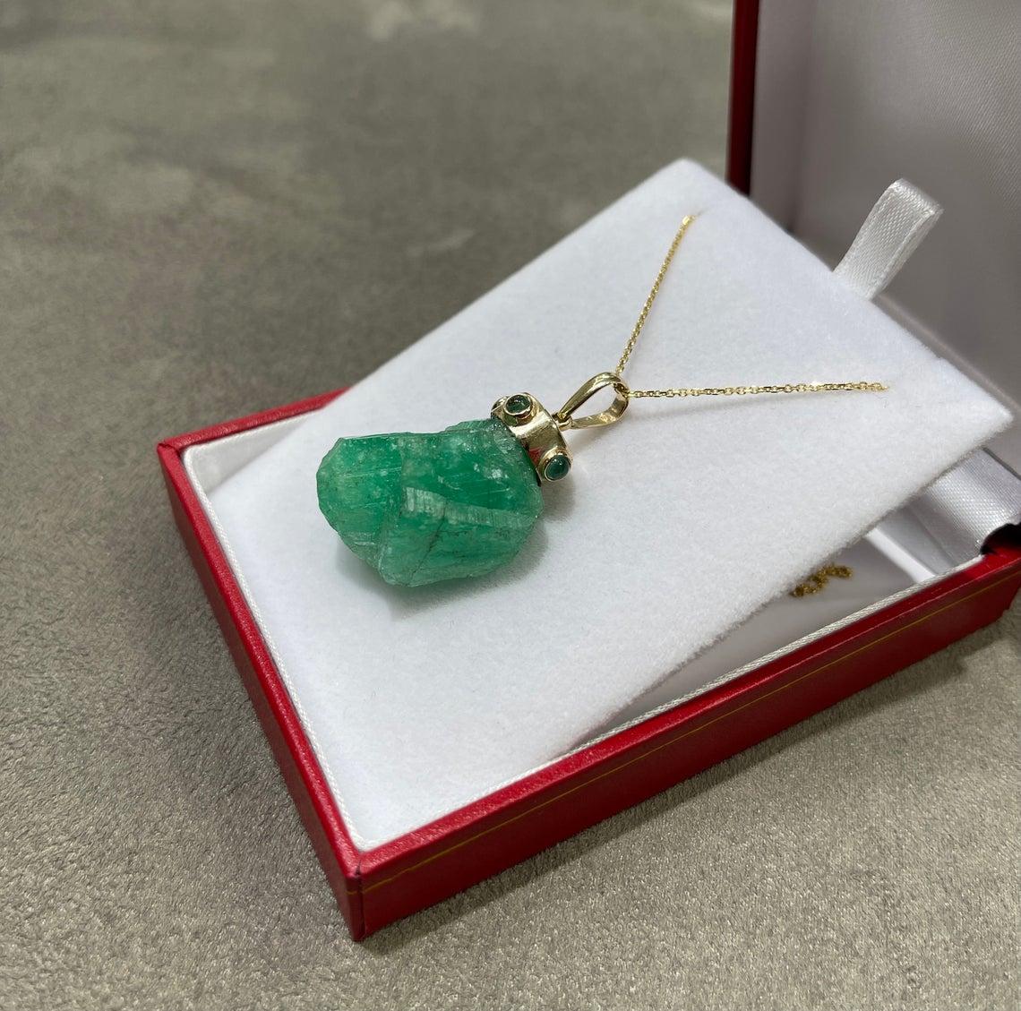 Rough Cut 57 Carat 14K Huge Yellow Gold Emerald Crystal Pendant For Sale