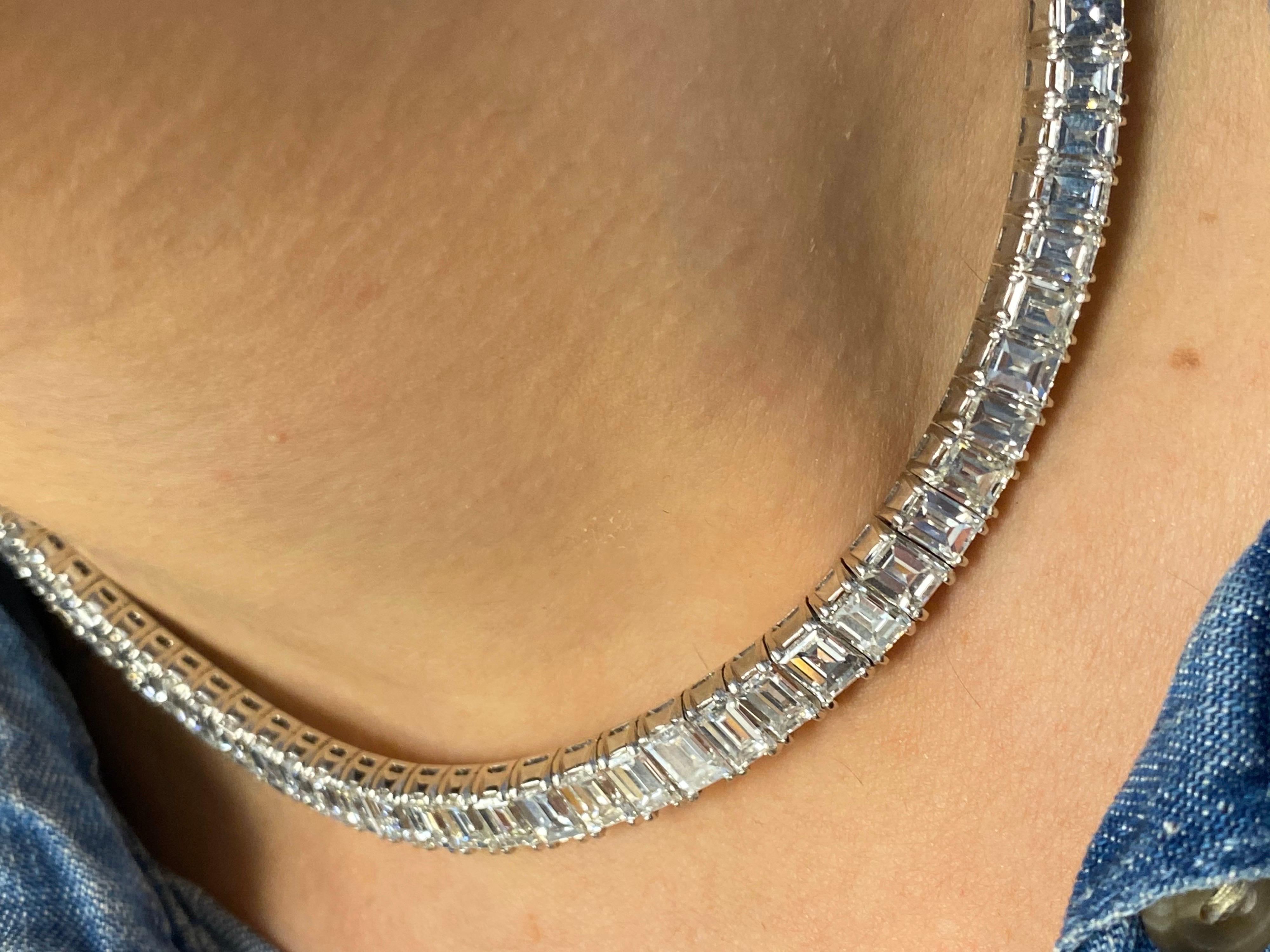 Dress up your denim.
107 EFG VS  beautifully matched emerald cut diamonds ,come together to form a sophisticated and elegant stream of beauty .
Handcrafted in platnium at a precise angle ensuring a lovely fit .
57 Total carat weight.
 