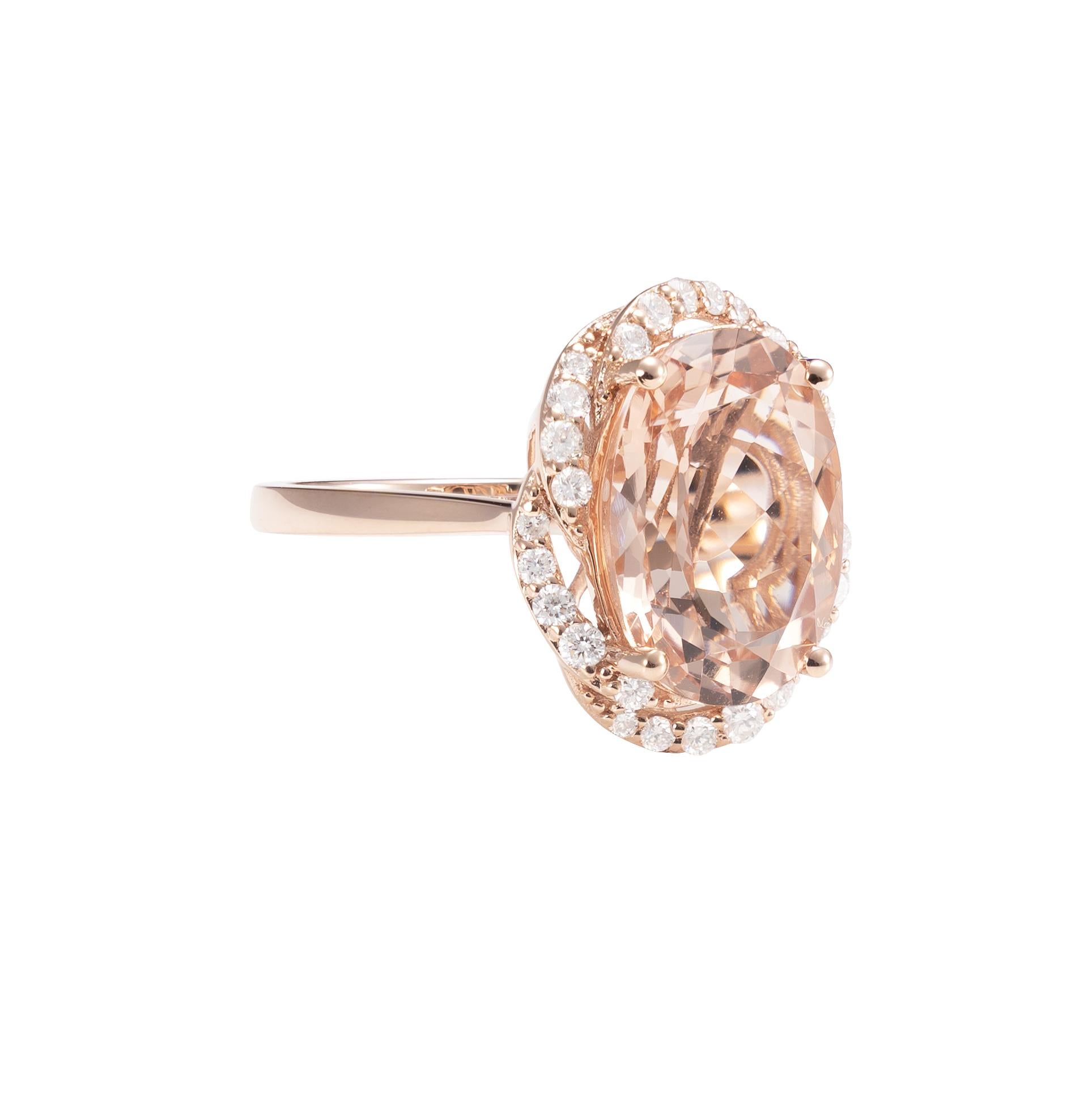 Diese Kollektion bietet eine Reihe von prächtigen Morganiten! Diese mit Diamanten besetzten Ringe sind aus Roségold gefertigt und wirken klassisch und elegant. 

Klassischer Morganit-Ring aus 18 Karat Roségold mit Diamanten. 

Morganit: 5,79 Karat
