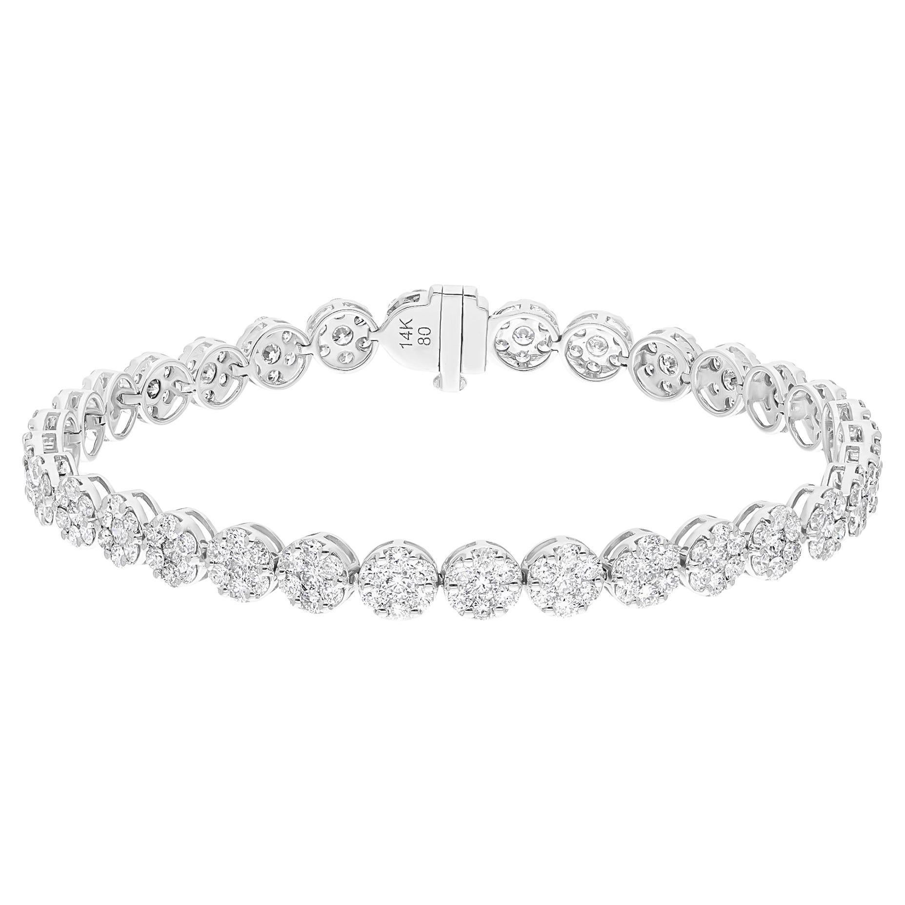 Pulsera de tenis de oro blanco de 14 quilates con racimo de diamantes talla redonda SI/H de 5,7 quilates