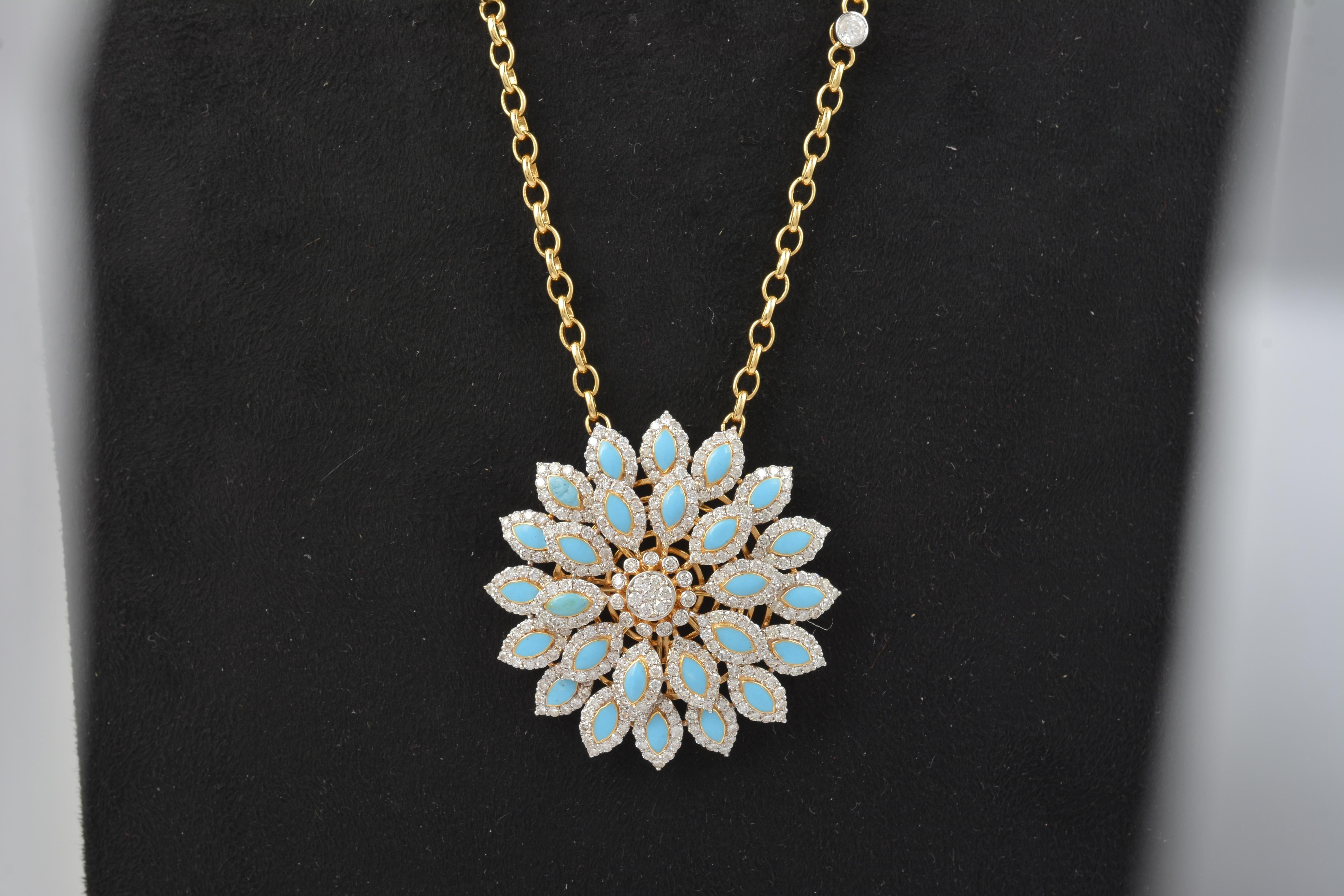 Modern 5.7 Carat SI/HI Diamond Enamel Flower Pendant Fine Necklace 18 Karat Yellow Gold For Sale