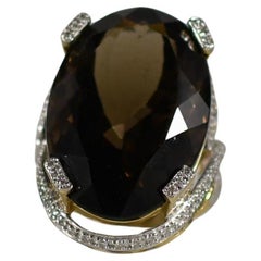 57 Carat Smokey Quartz Statement Ring 14K Gold w/ Diamond Accents