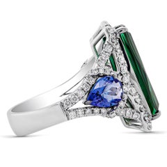 5.7 Carat Soothing Green Tourmaline & 1.48 Carat Intense Blue Tanzanite 18K Ring