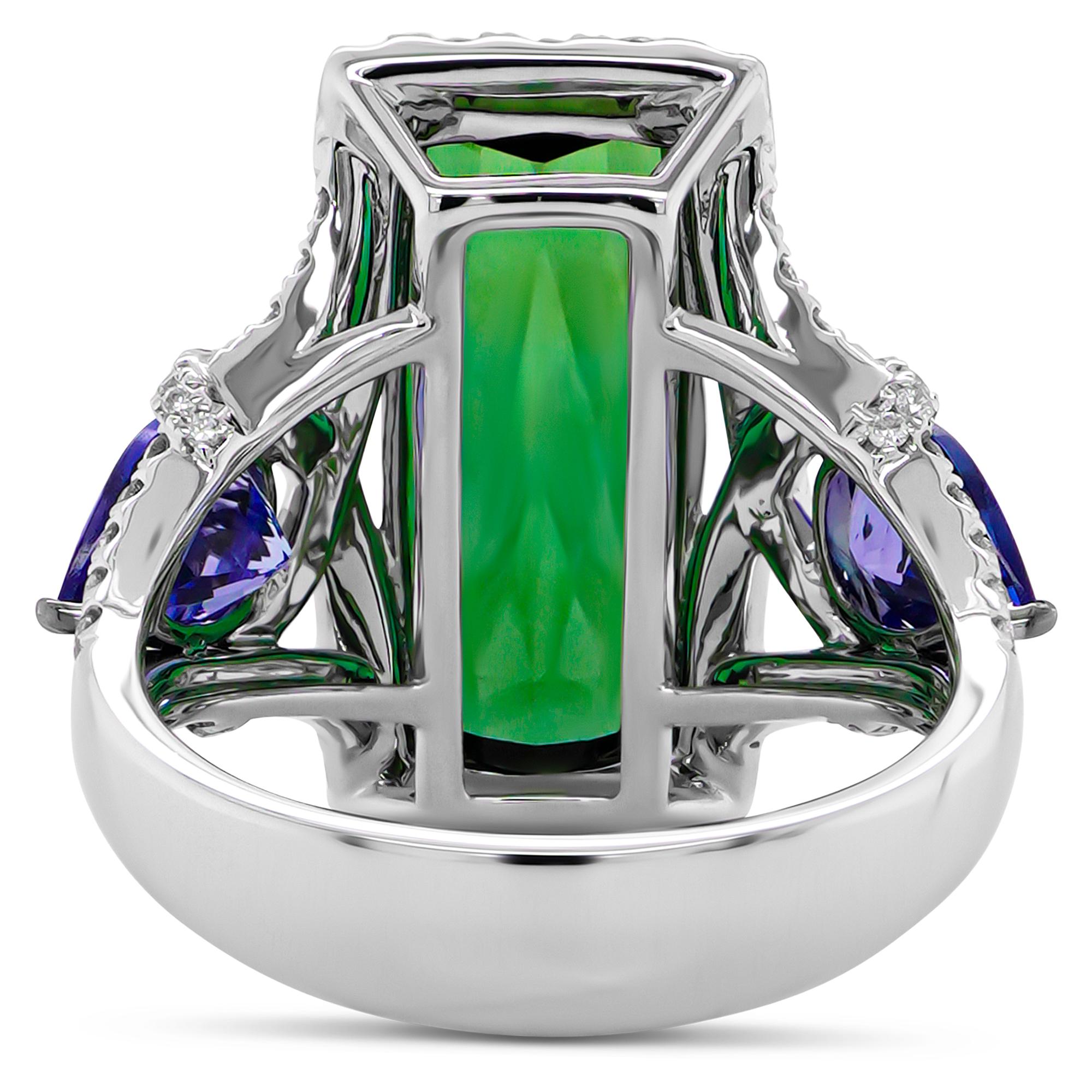 Art Nouveau 5.7 Carat Soothing Green Tourmaline & 1.48 Carat Intense Blue Tanzanite 18K Ring For Sale