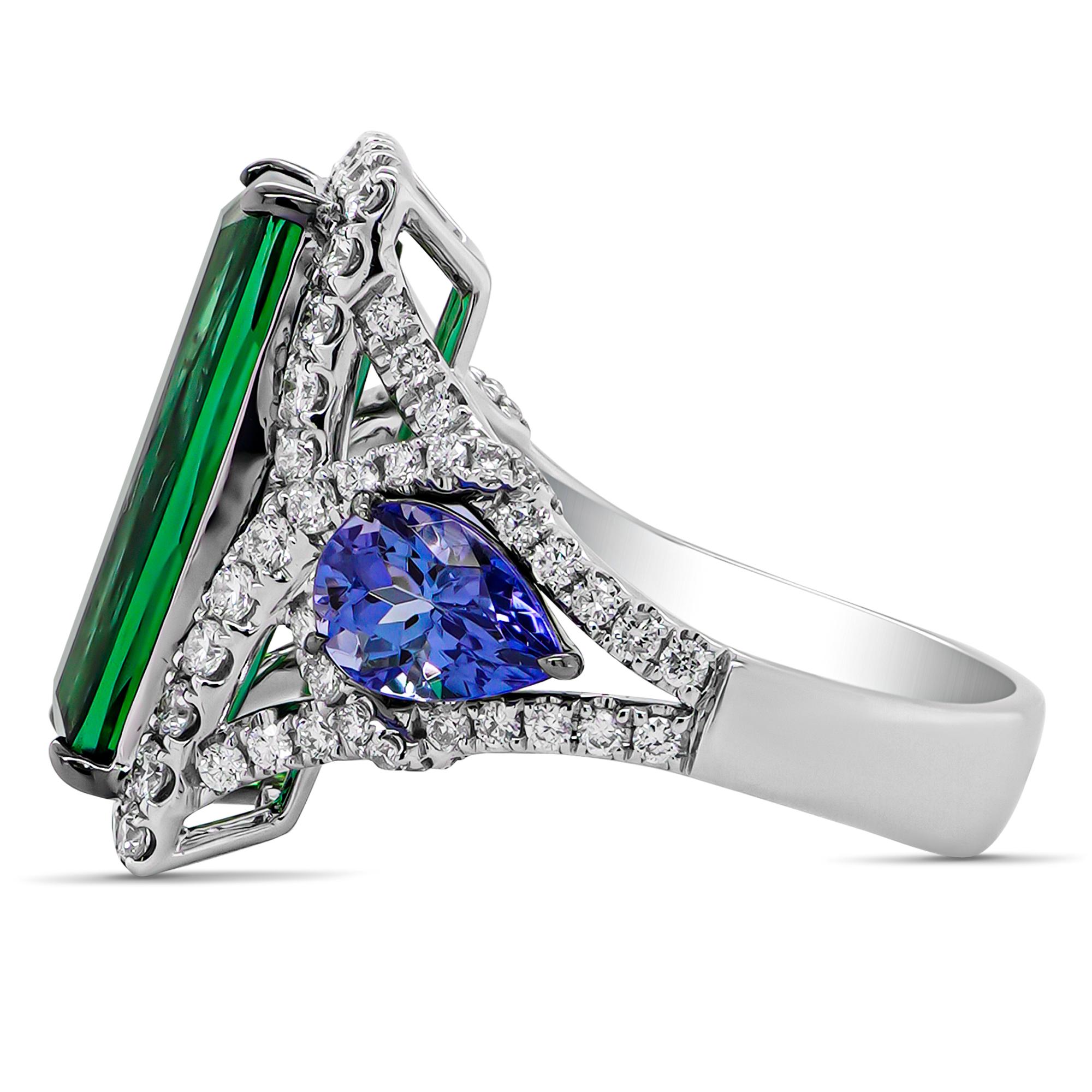 Emerald Cut 5.7 Carat Soothing Green Tourmaline & 1.48 Carat Intense Blue Tanzanite 18K Ring For Sale
