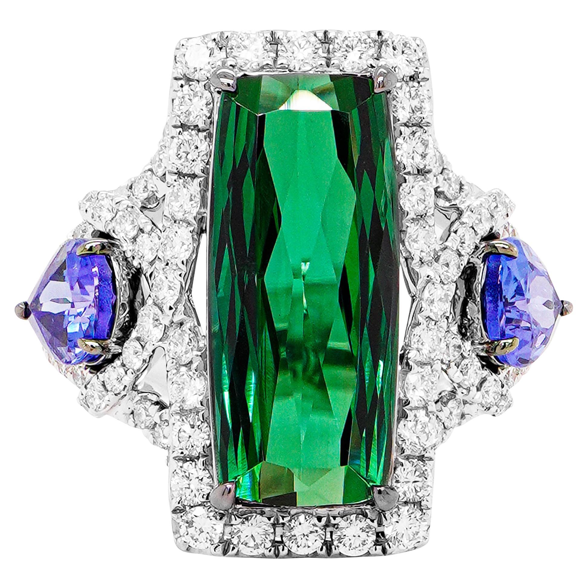 5.7 Carat Soothing Green Tourmaline & 1.48 Carat Intense Blue Tanzanite 18K Ring For Sale