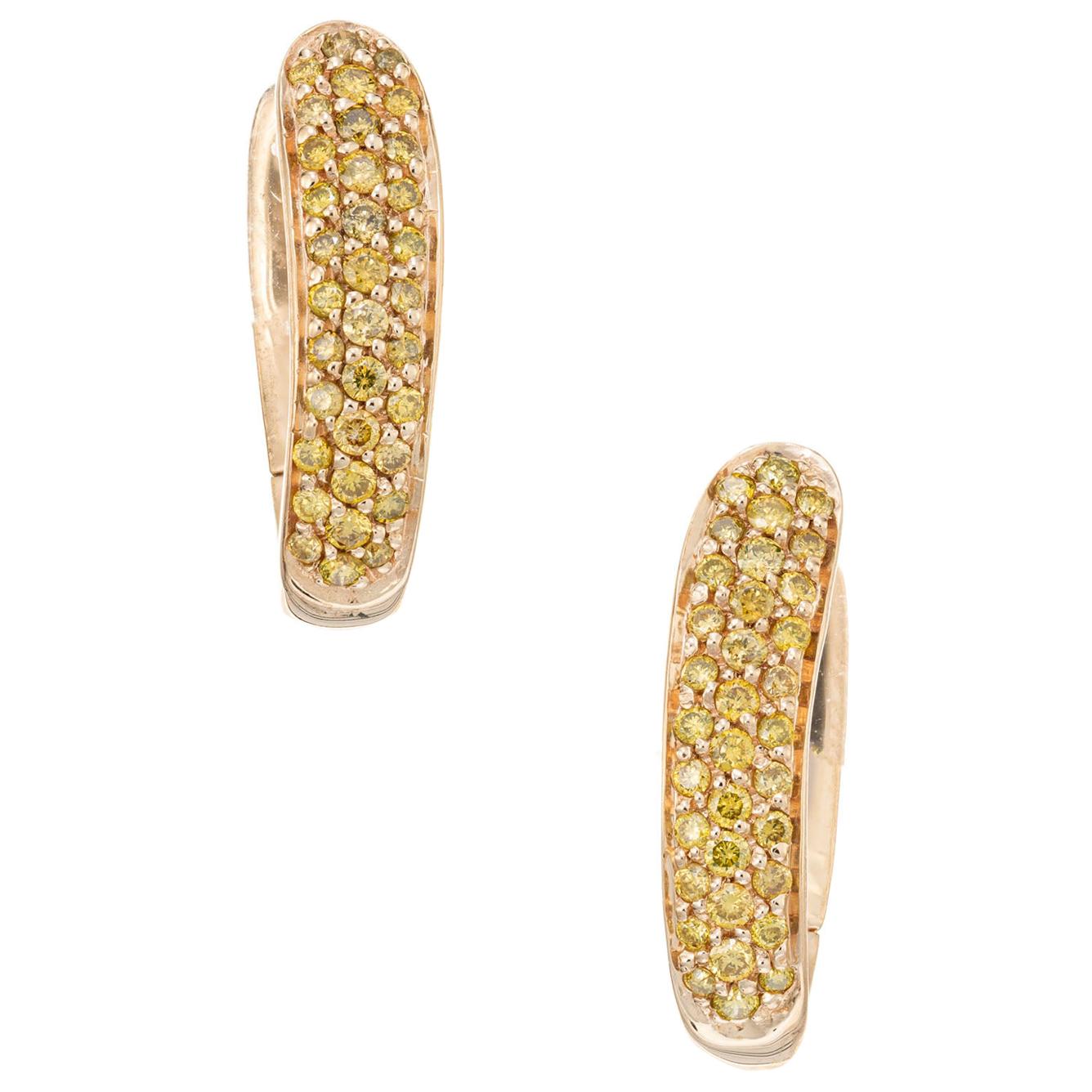 .57 Carat Yellow Diamond Yellow Gold Pave Hoop Earrings For Sale