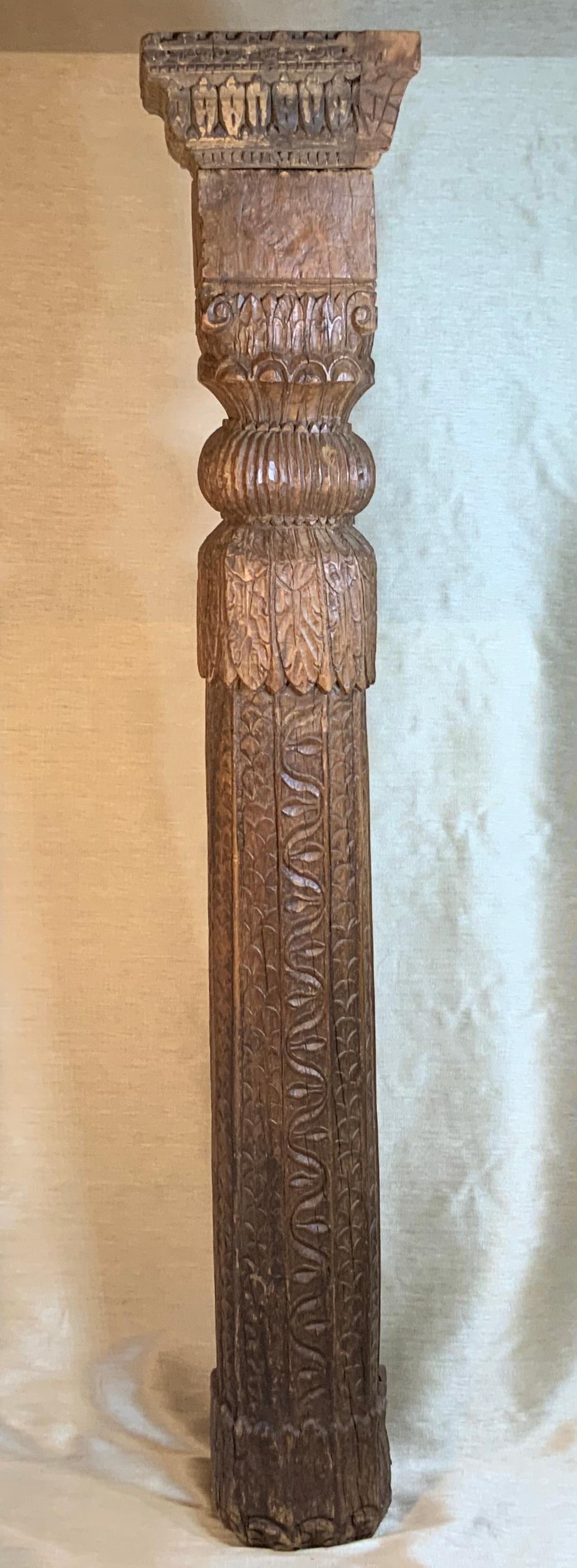 Indian 19th Century Solid Teak Wood Hand Carved Column