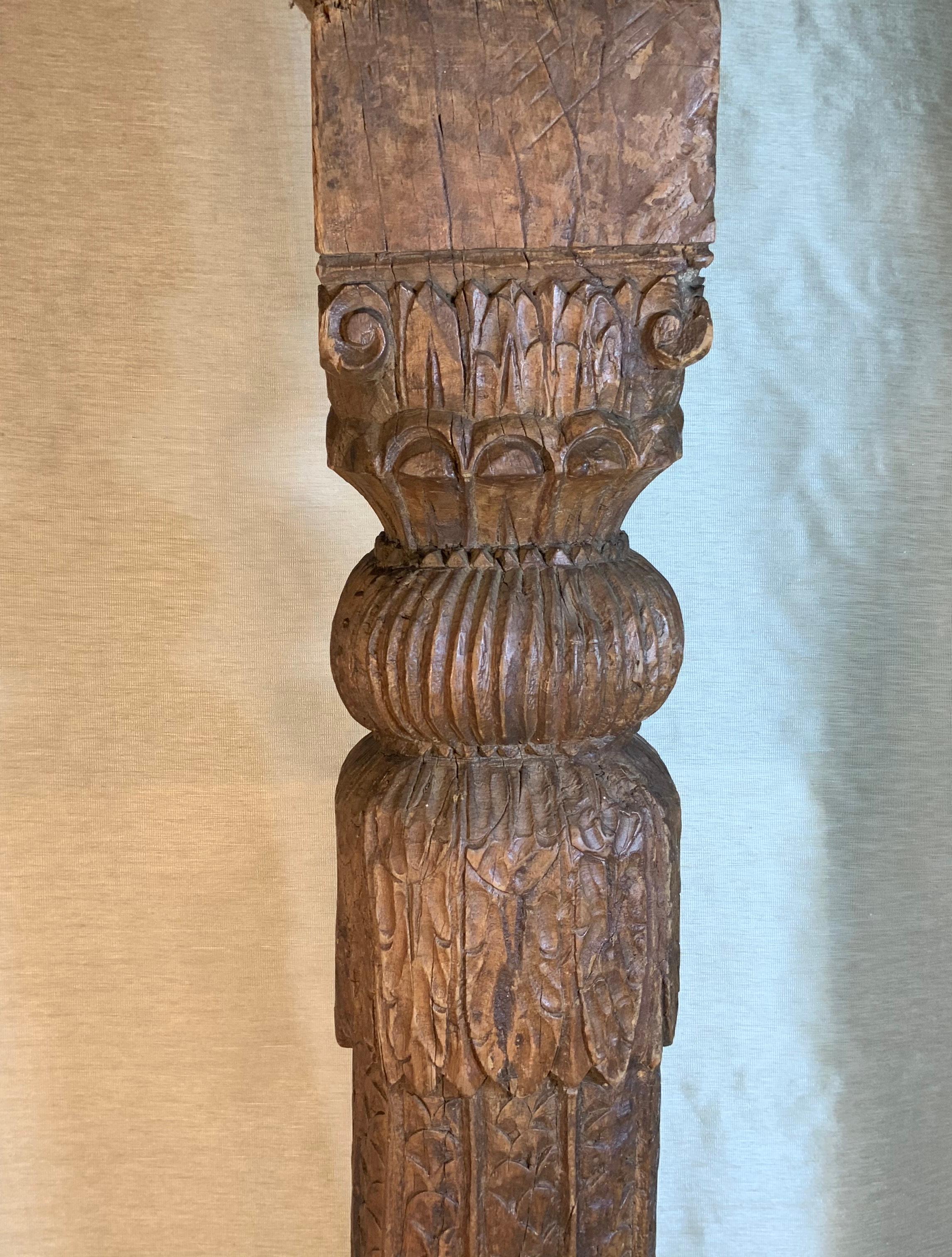 Hand-Carved 19th Century Solid Teak Wood Hand Carved Column