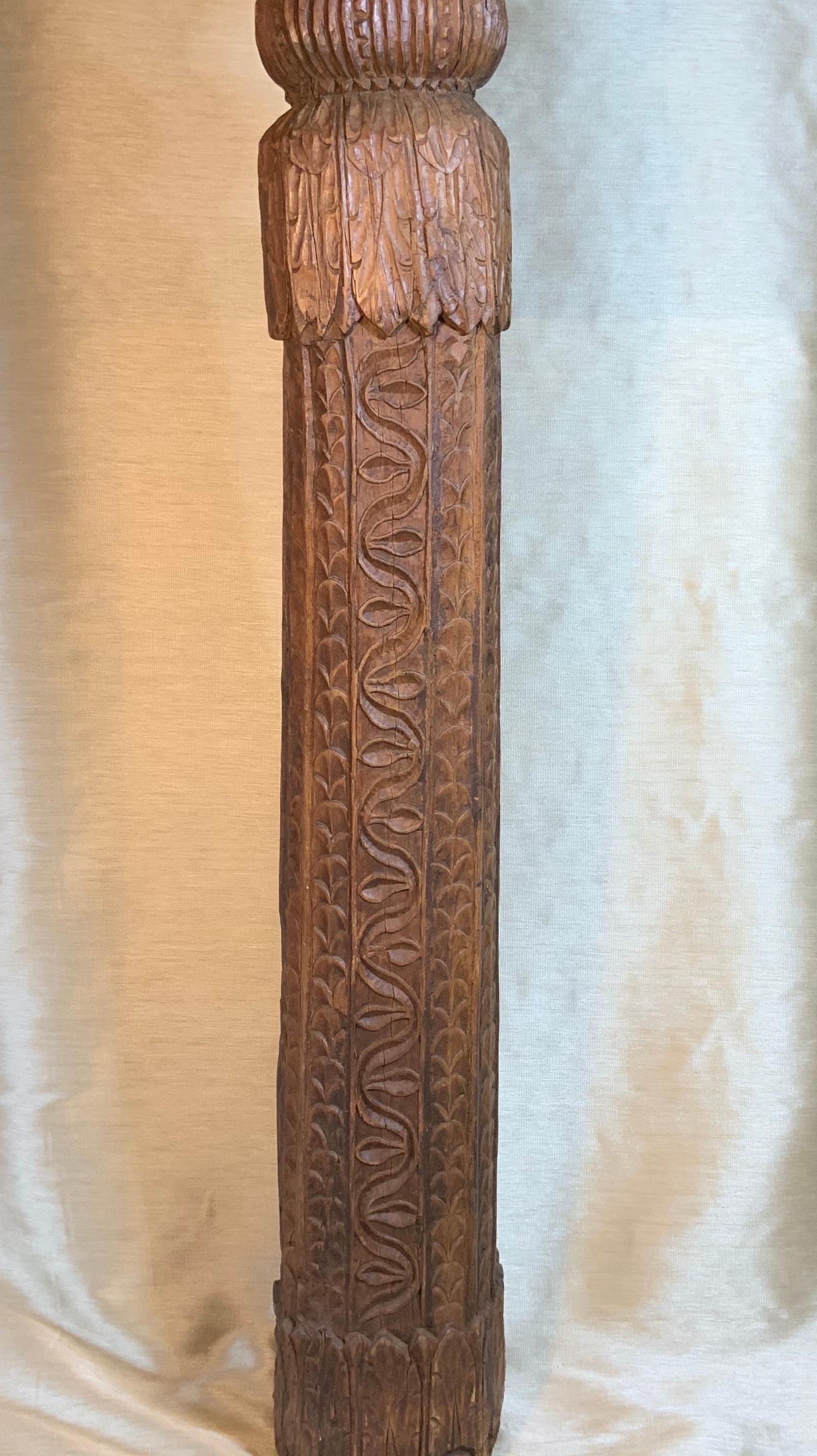 19th Century Solid Teak Wood Hand Carved Column In Good Condition In Delray Beach, FL