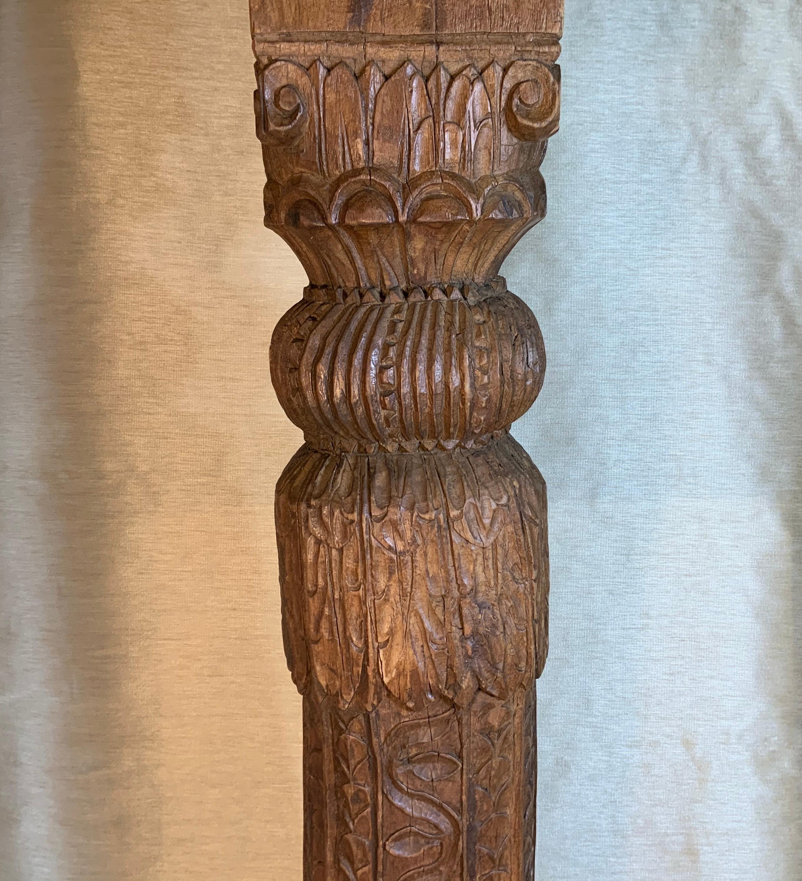 19th Century Solid Teak Wood Hand Carved Column 1
