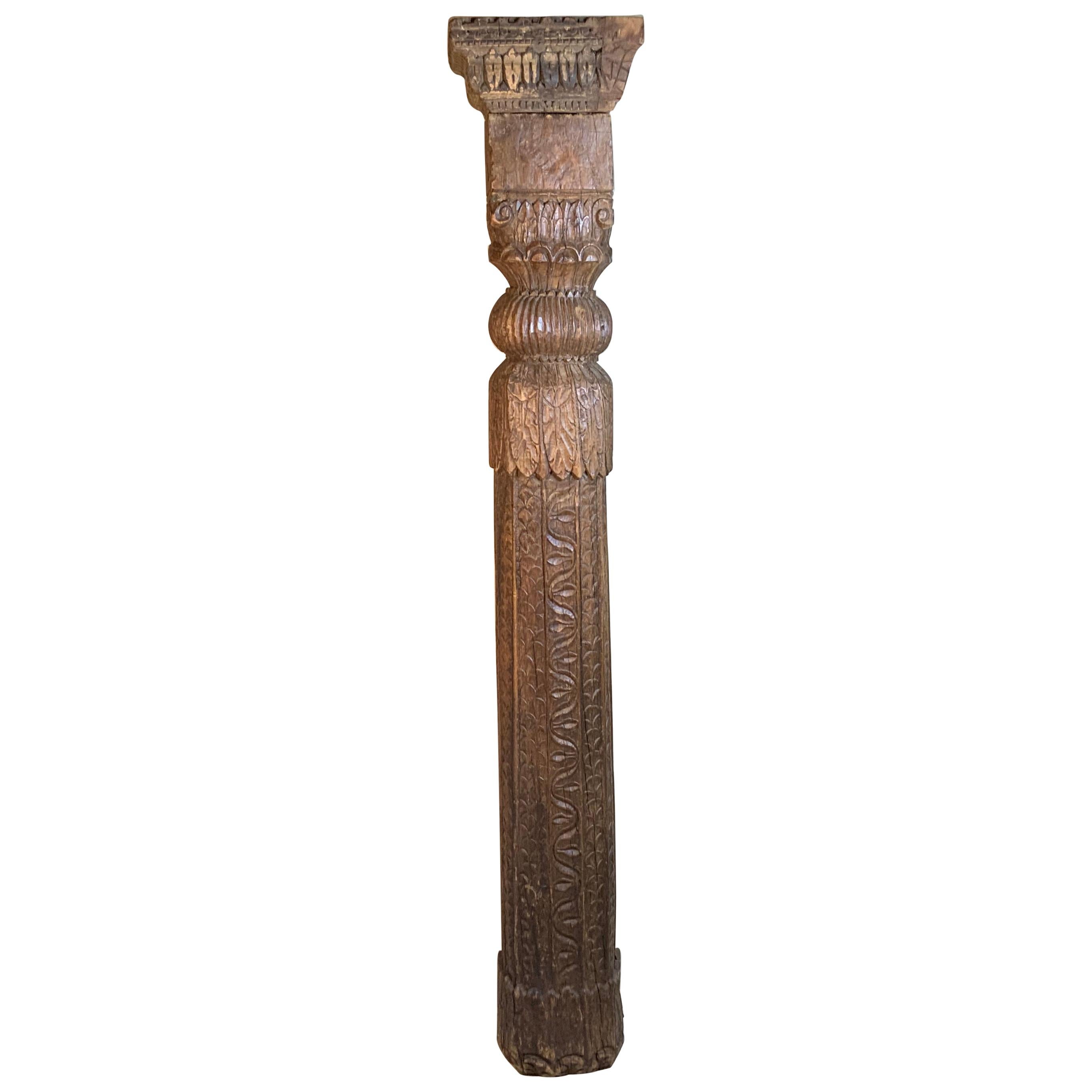 19th Century Solid Teak Wood Hand Carved Column