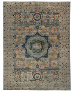 Tapis afghan en laine Mamluke noué à la main, 5'7" x 7'8" – Tapis de sol aux motifs géométriques classiques