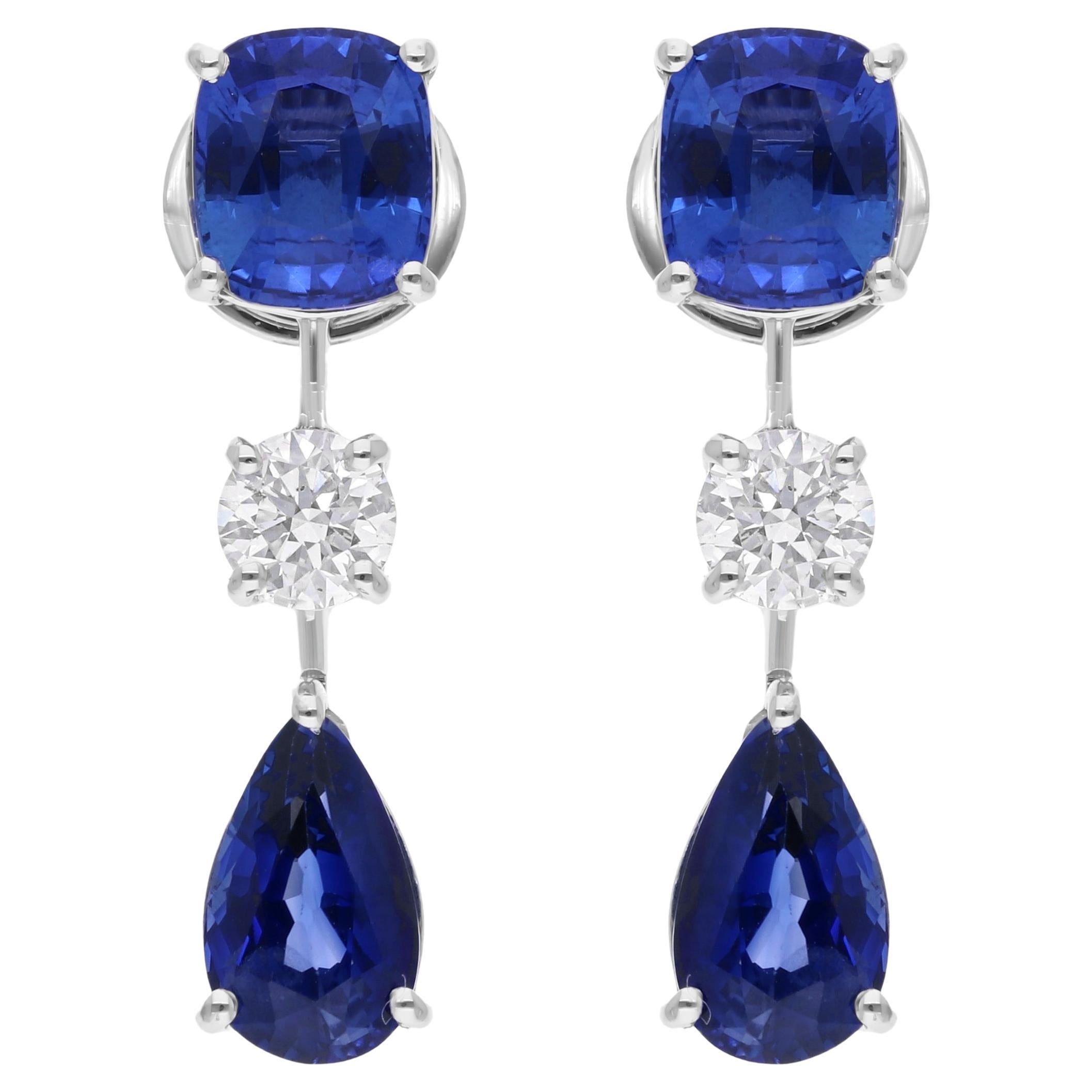 5.70 Carat Blue Sapphire 0.62 Carat SI/H Diamond Dangle Earrings 18k White Gold