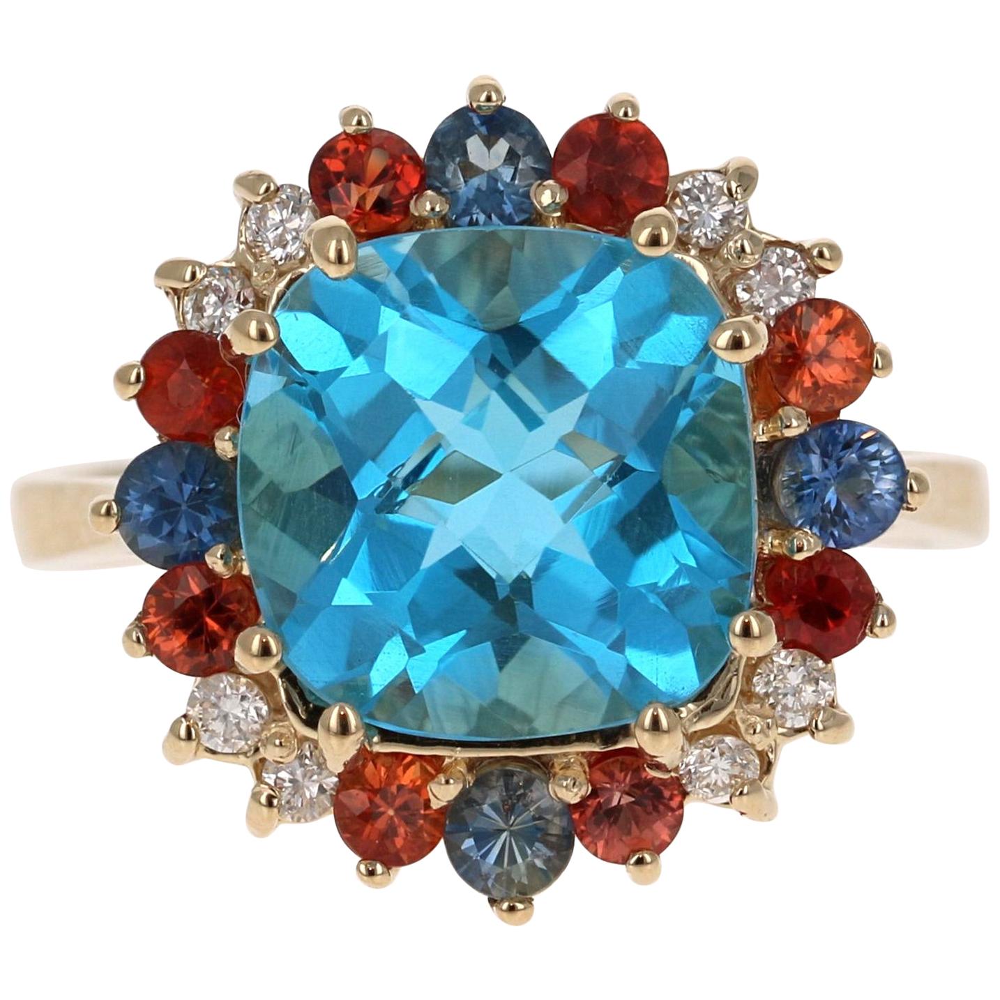 5.70 Carat Cushion Cut Blue Topaz Sapphire Diamond 14 Karat Gold Cocktail Ring