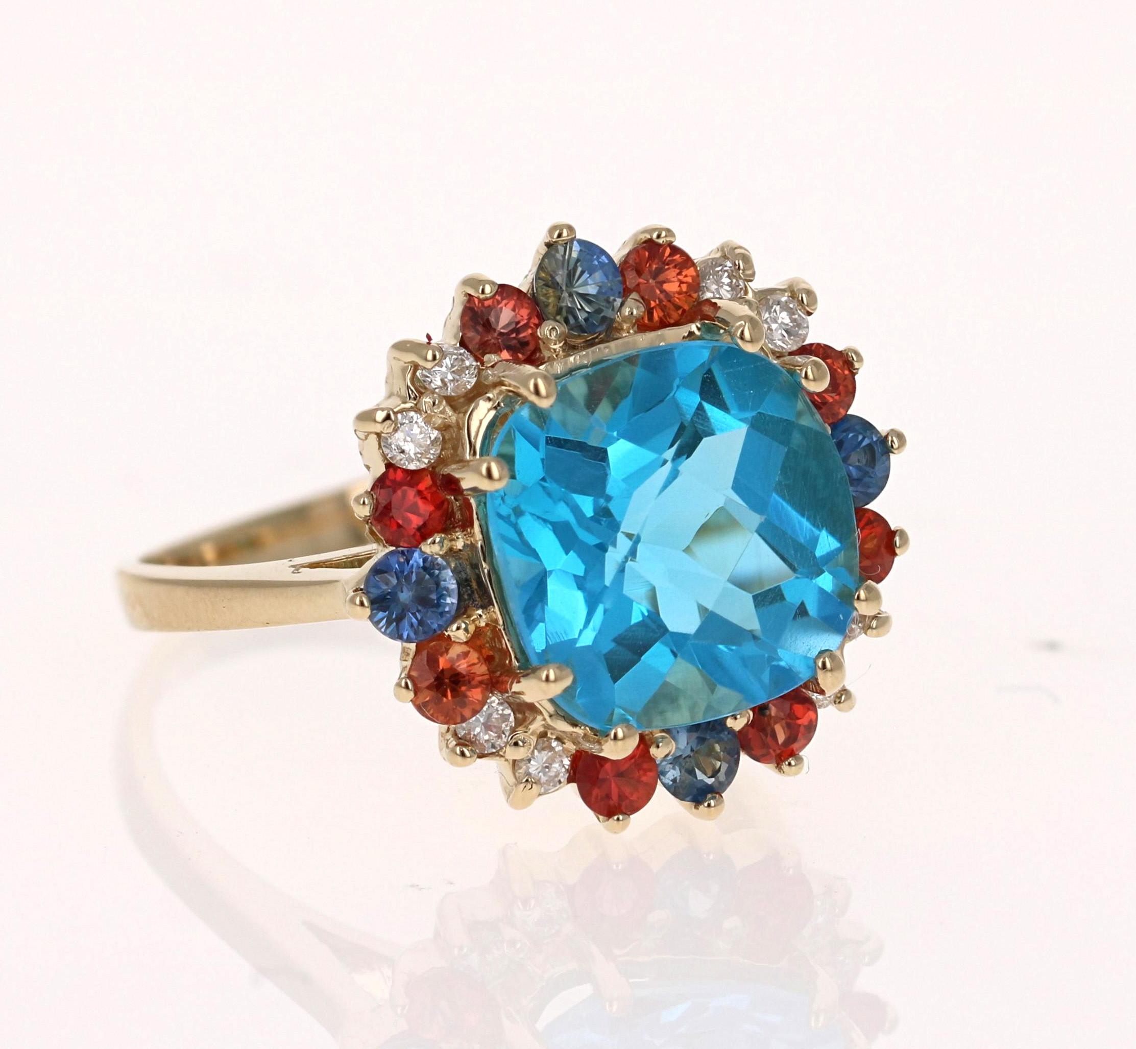 5.70 Carat Cushion Cut Blue Topaz Sapphire Diamond 14K Yellow Gold Cocktail Ring

This beautiful Cushion Cut Blue Topaz, Sapphire and Diamond Ring has a stunning 4.55 Carat Blue Topaz and its surrounded by 12 Orange and Blue Sapphires that weigh