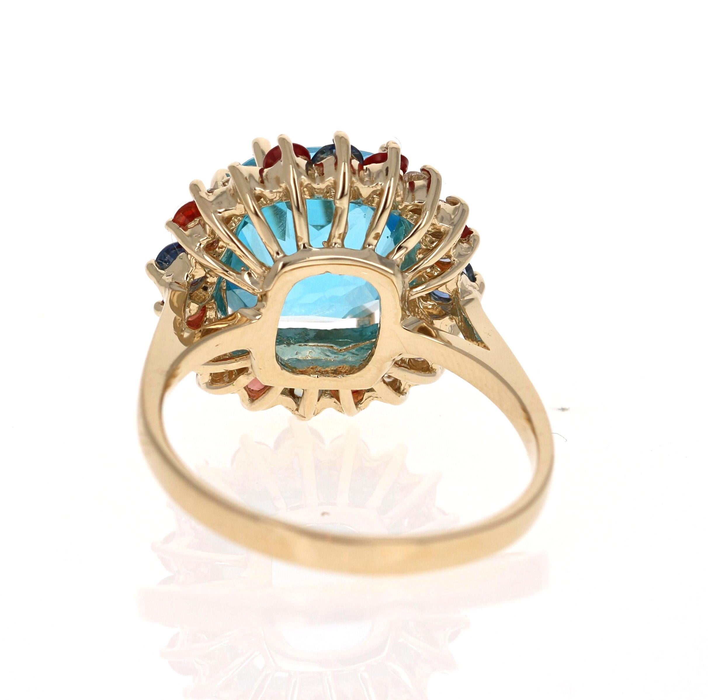 5.70 Carat Cushion Cut Blue Topaz Sapphire Diamond 14 Karat Gold Cocktail Ring In New Condition In Los Angeles, CA