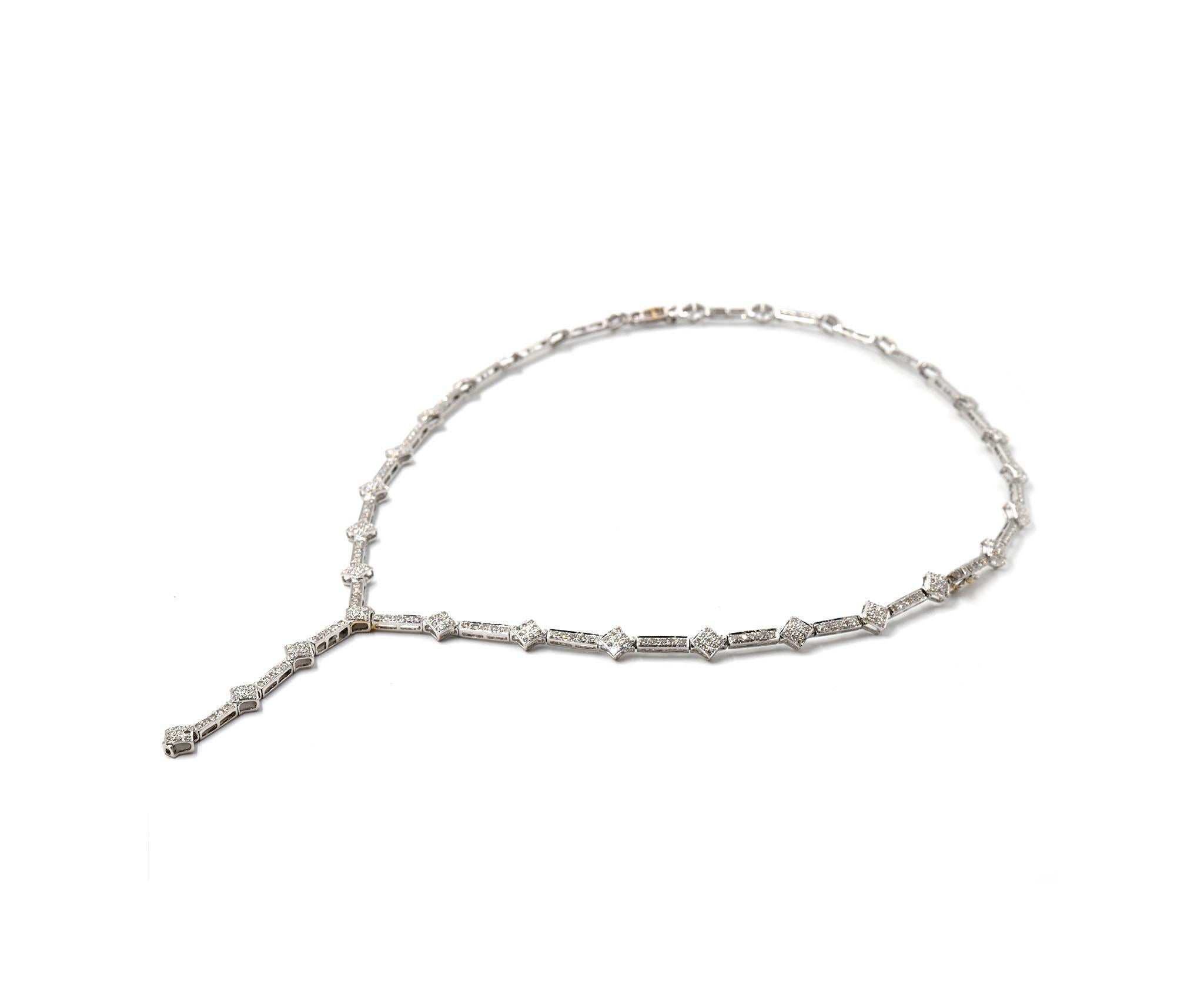 Designer: custom design
Material: 18k white gold
Diamonds: round brilliant cut = 5.70 carat total weight
Color: H
Clarity: SI1
Dimensions: necklace is 22-inch long
Weight: 29.79 grams
