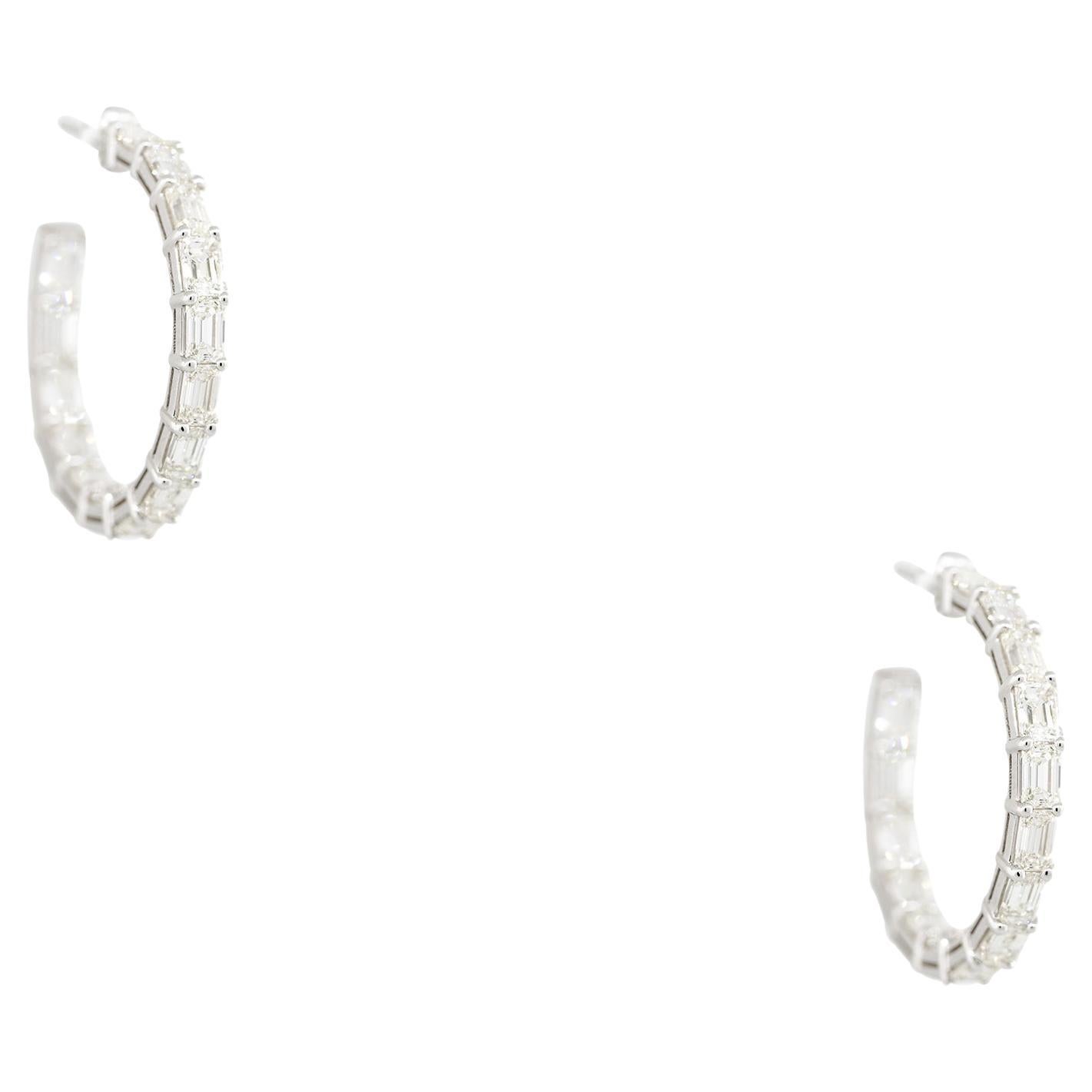 5.70 Carat Emerald Cut Diamond Hoop Earrings 18 Karat in Stock For Sale