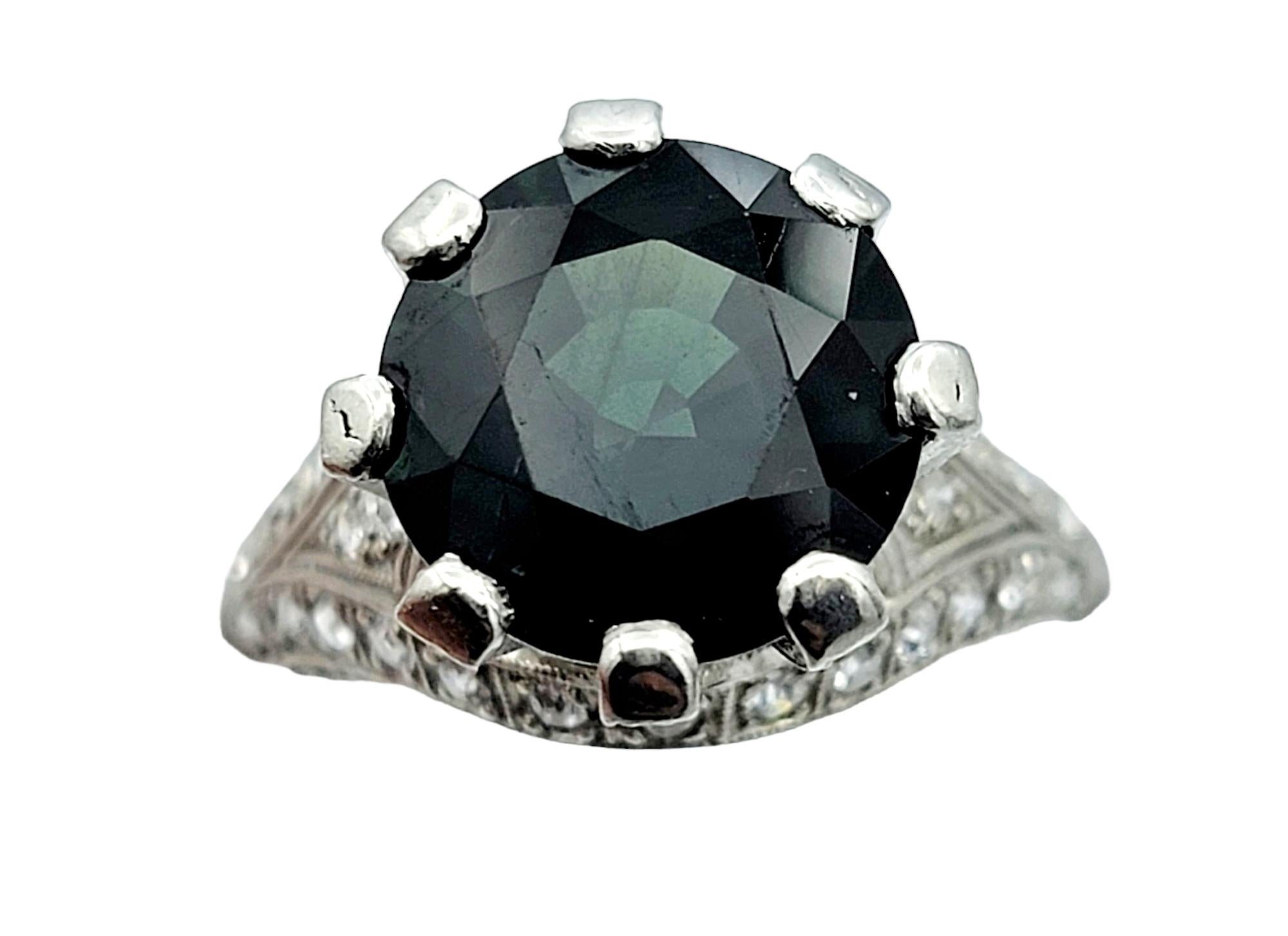 Round Cut 5.70 Carat Green Sapphire and Pave Diamond Platinum Vintage Solitaire Ring For Sale