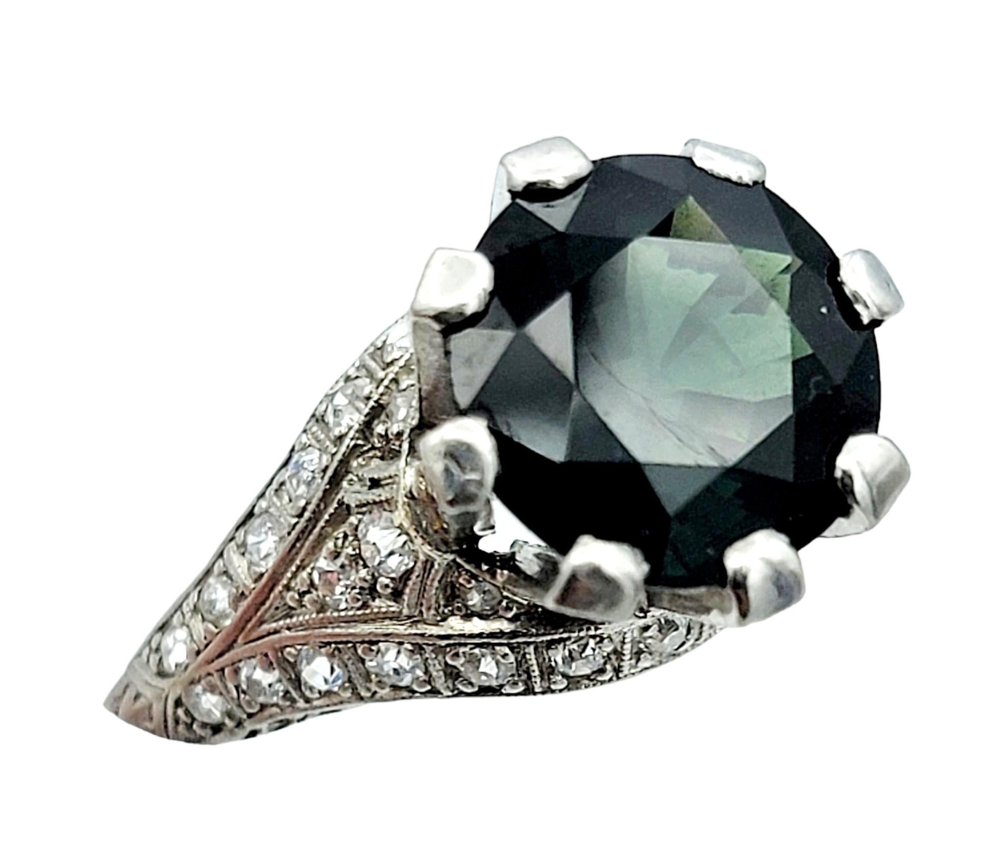 5.70 Carat Green Sapphire and Pave Diamond Platinum Vintage Solitaire Ring In Good Condition For Sale In Scottsdale, AZ