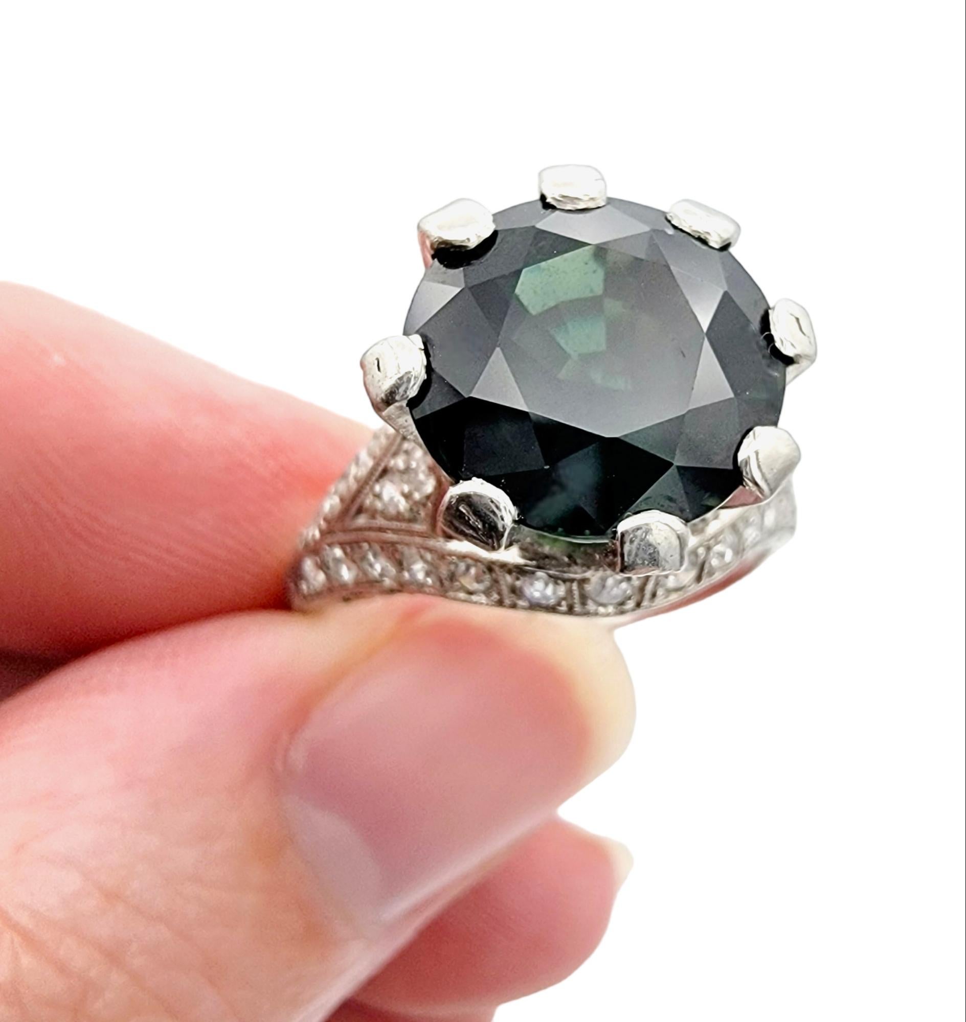 Women's 5.70 Carat Green Sapphire and Pave Diamond Platinum Vintage Solitaire Ring For Sale