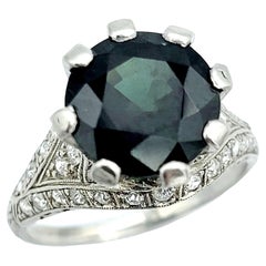 Bague solitaire vintage en platine avec saphir vert de 5,70 carats et diamant pavé