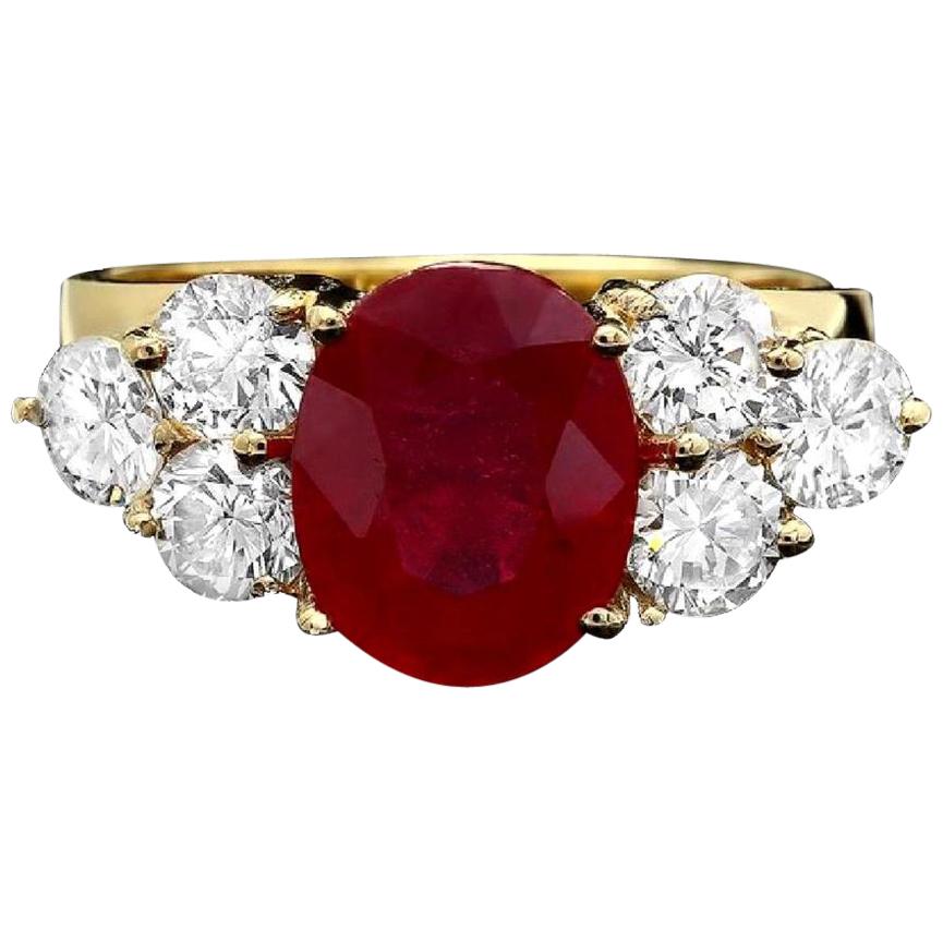 5.70 Carat Impressive Red Ruby and Natural Diamond 14 Karat Yellow Gold Ring For Sale
