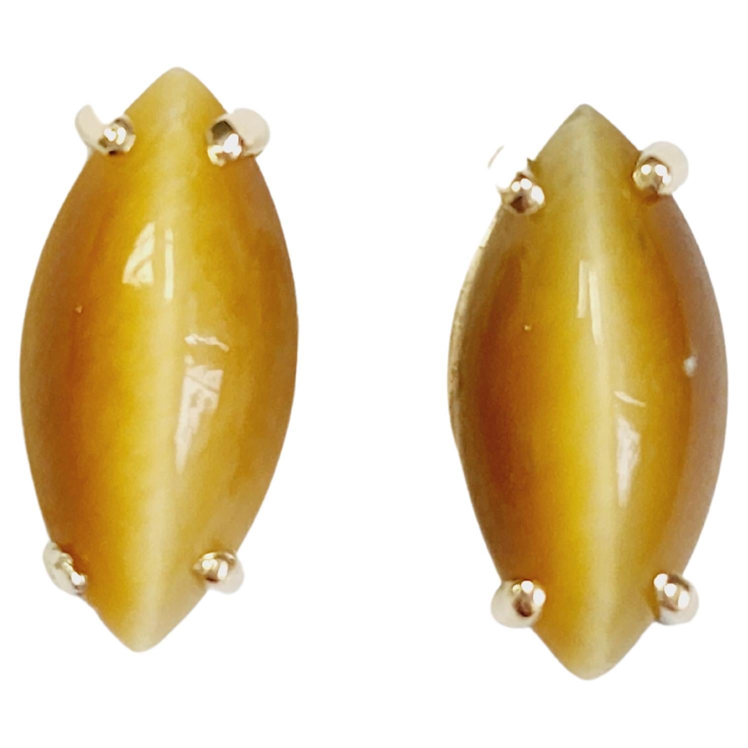 5.70 Carat Marquise Shape Cat's eye 14 Karat Yellow Gold Studs Earrings For Sale