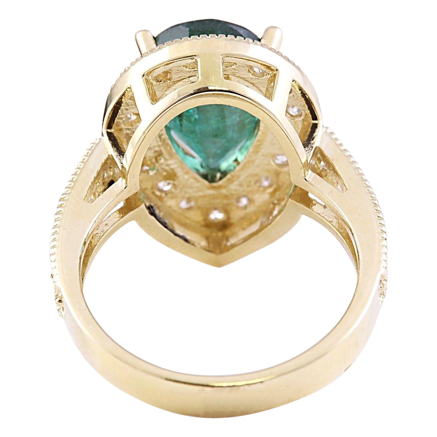 Pear Cut Natural Emerald Diamond Ring In 14 Karat Solid Yellow Gold  For Sale