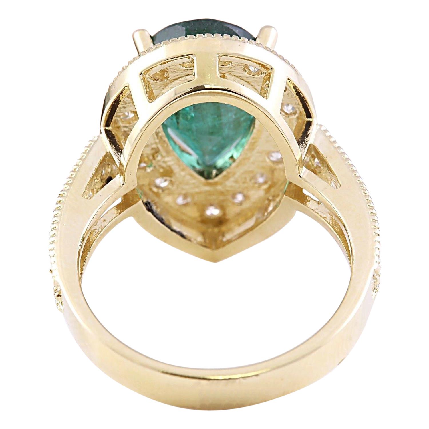 Pear Cut Natural Emerald Diamond Ring In 14 Karat Solid Yellow Gold For Sale